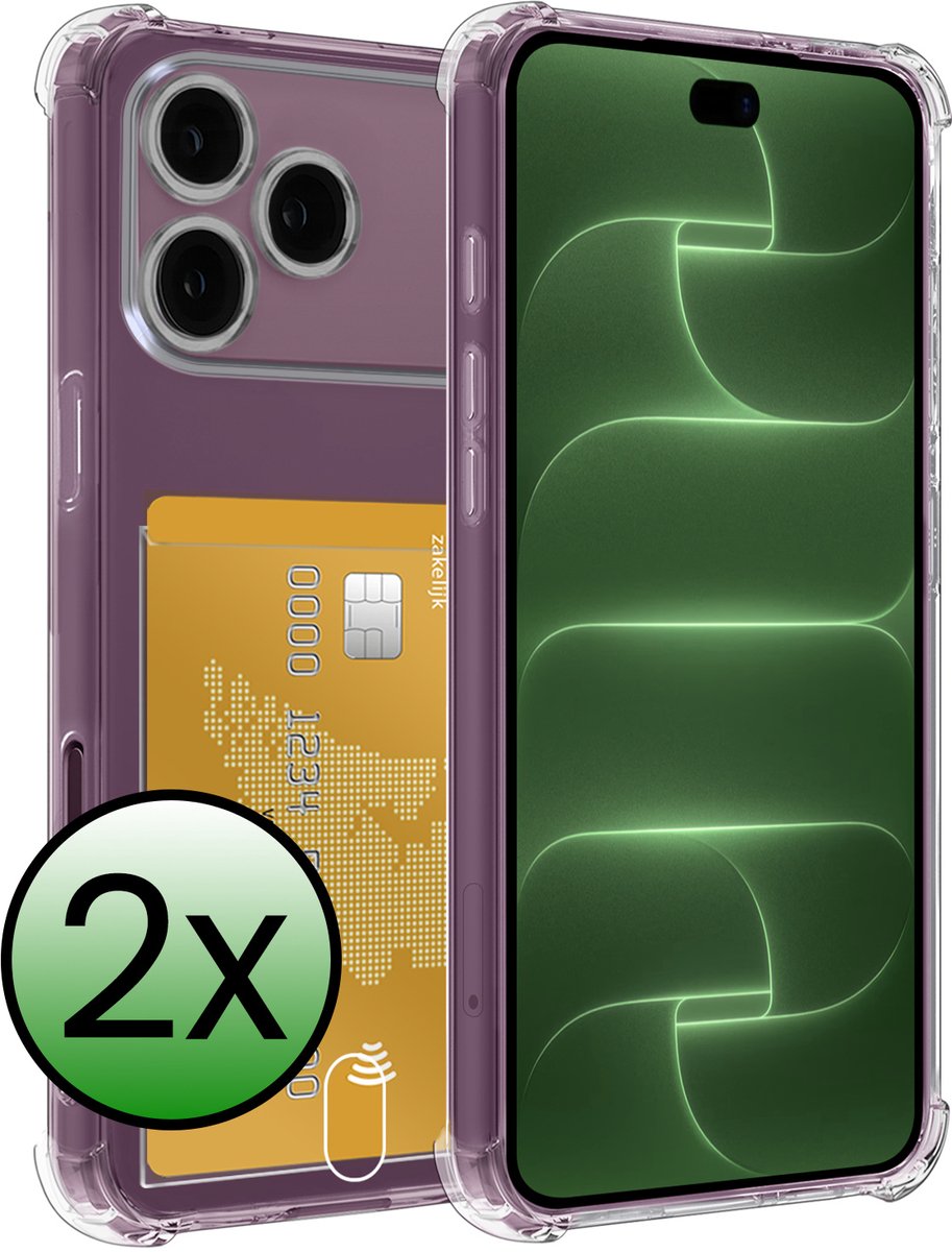Hoesje 2 Stuks - Geschikt voor Apple iPhone 18 Pro - Met Pashouder en Kaarthouder - Telefoon Hoes Shockproof - Siliconen Case - Back Cover - Shock Proof - Pasjes Houder - Transparant