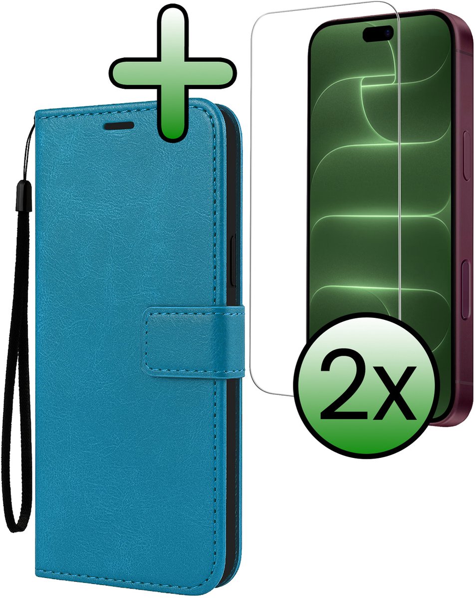 Hoesje Met 2x Screenprotector - Geschikt voor Apple iPhone 18 Pro Max - Luxe Pasjeshouder - Bookcase Portemonee - Flip Case - Kunstleer Book Case - Flipcase Hoes - Book Cover - Walletcase - Portemonneehoes - Turquoise