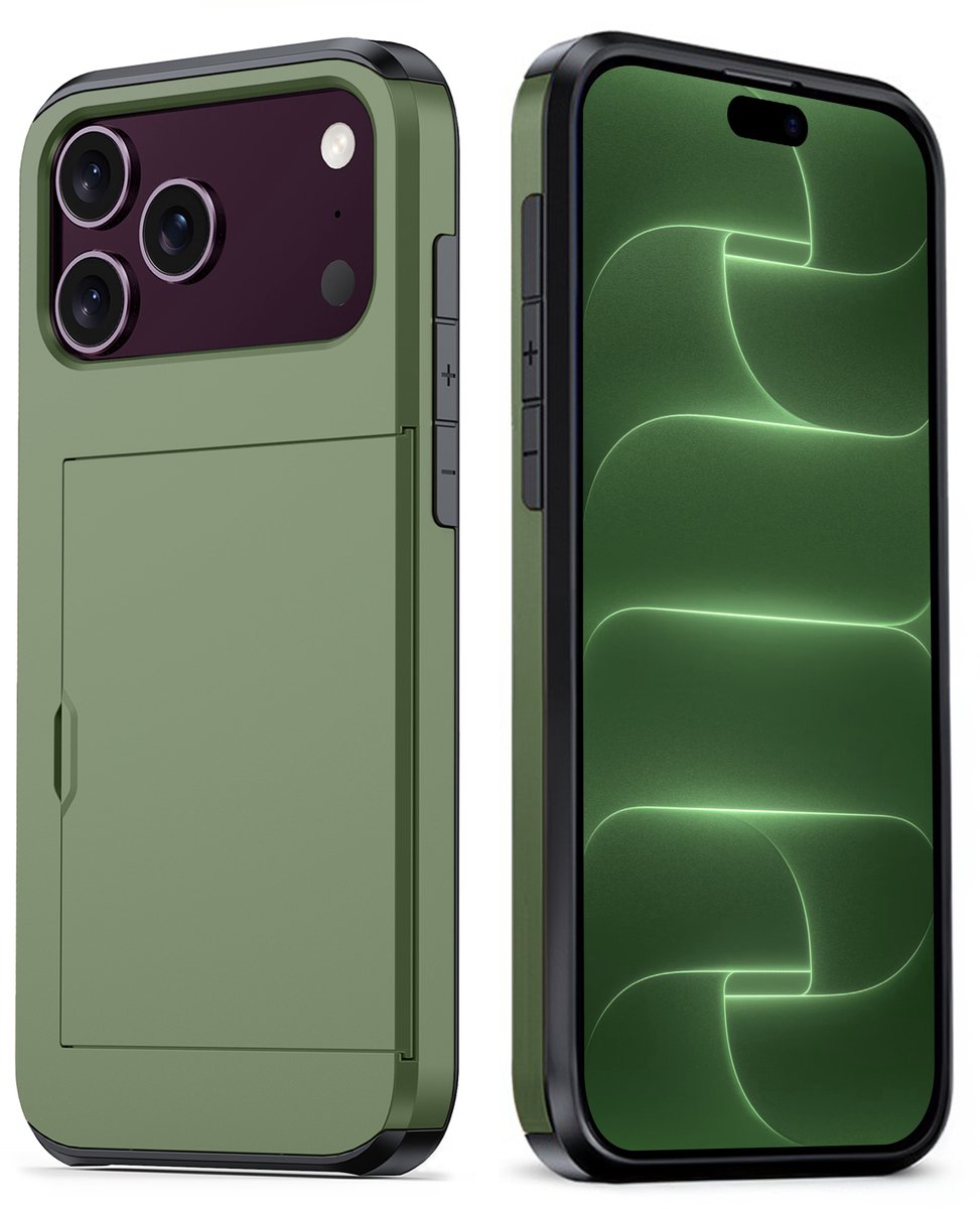 Hoes Geschikt voor iPhone 18 Pro Hoesje Hard Case Met Pas Houder - Hoesje Geschikt voor iPhone 18 Pro Hoes Shockproof Hard Cover Met Kaarthouder - Donkergroen