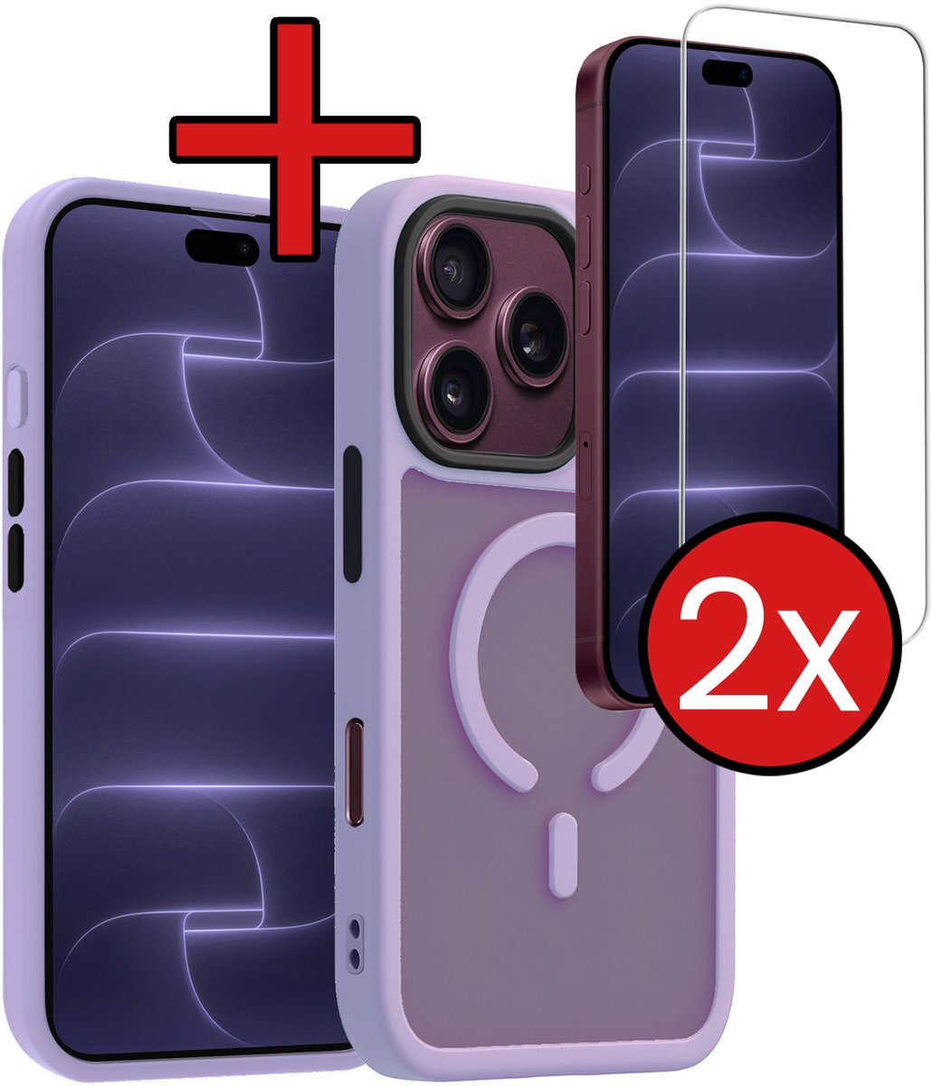 Hoesje - Met 2x Screenprotector - Geschikt voor Apple iPhone 18 Pro - Magsafe Compatible - Sterk & Shockproof - Shock Proof Case - Back Cover - Telefoon Hoes - Telefoonhoes - Lila
