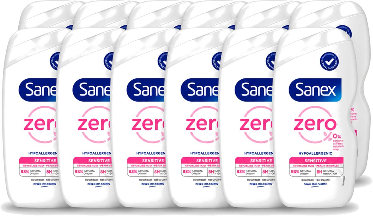 12 x Sanex Zero% - Douchegel - Gevoelige Huid - 0% Parfumsulfaten - Hypoallergeen - 400 ml - Voordeelverpakking - 12 stuks