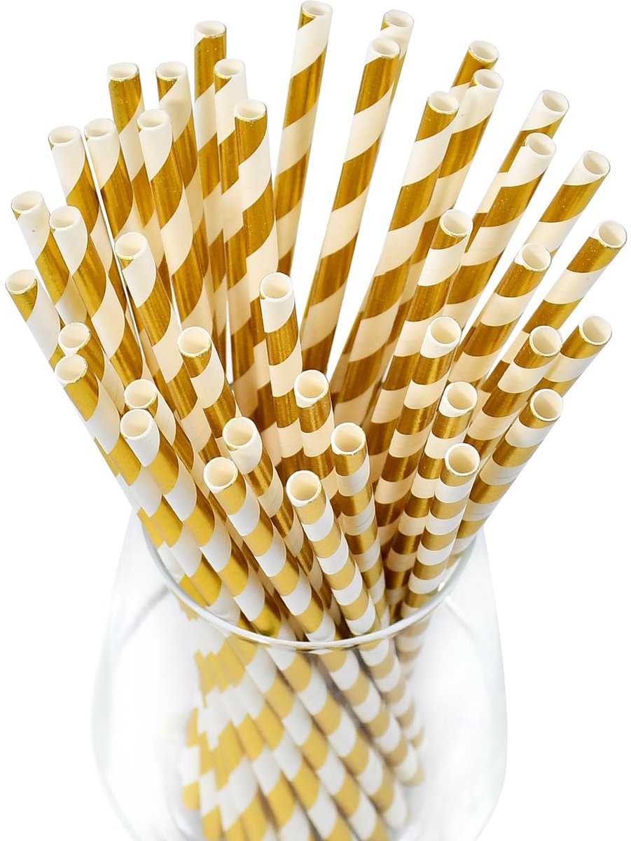 Lives on Green 19,7 cm goud/wit gestreepte papieren rietjes om te drinken, 100 stuks, voor bar, restaurant, bruiloft - ShopVlot
