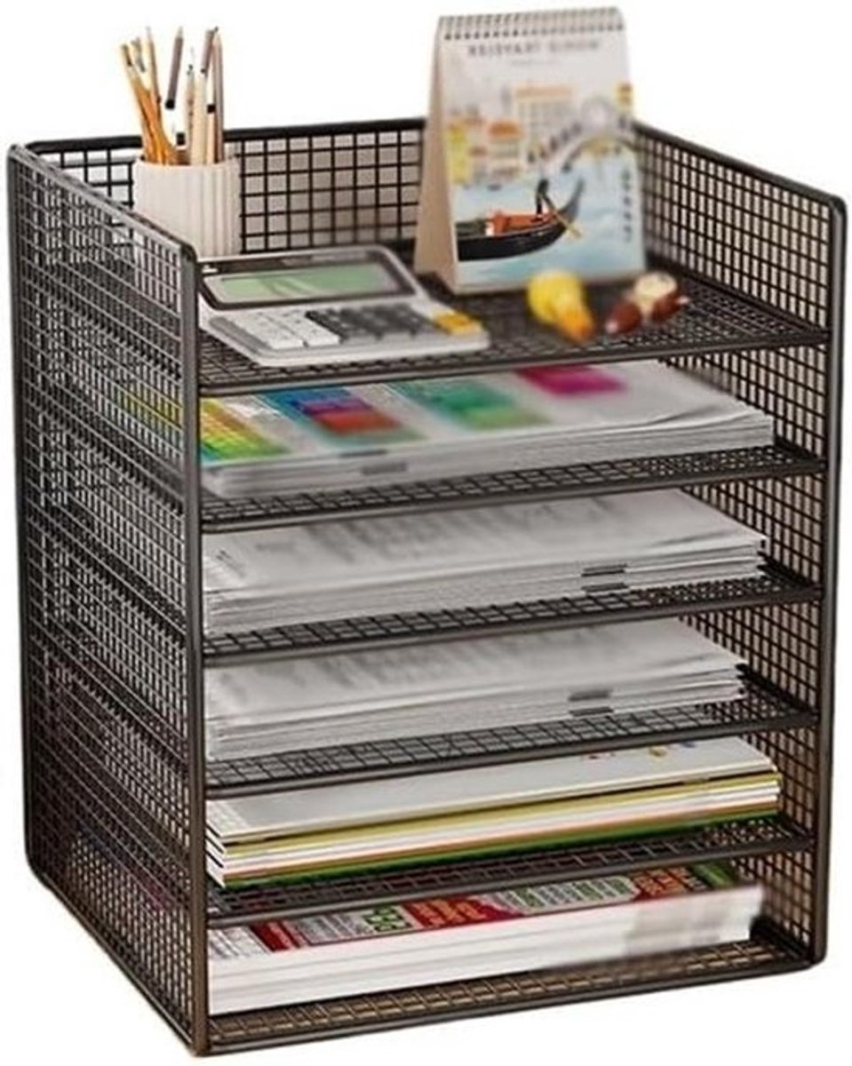 Documentenorganizer - Archiefbakjes voor bureau - Bureau opruimen - Zeslaags ontwerp - 33 cm breed - Zwart