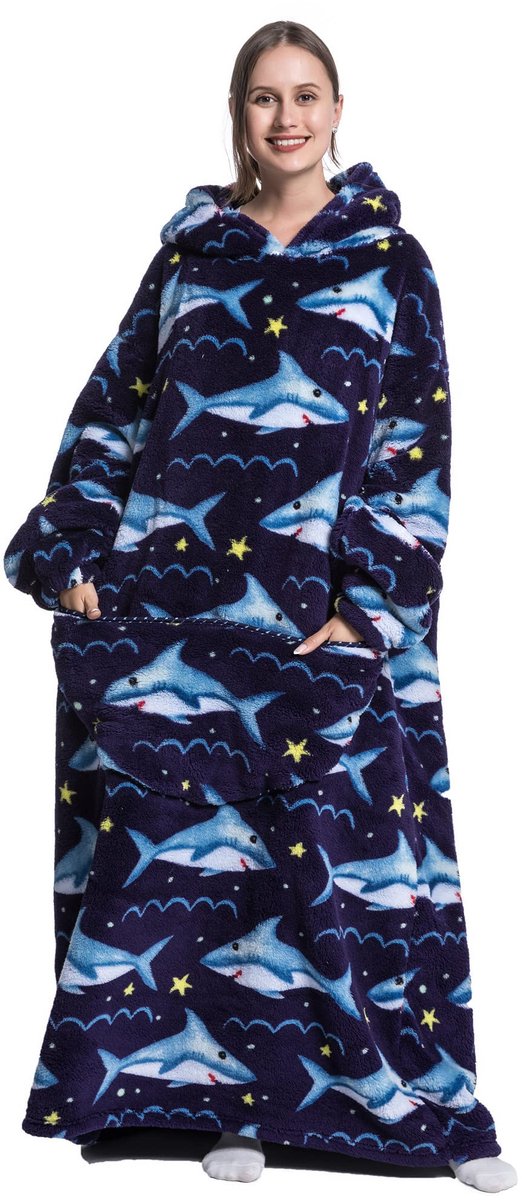 Grote dekenhoodie, draagbare deken voor volwassenen voor vrouwen en mannen, hele grote hoodiesweater met zak, Haai 2 - ShopVlot