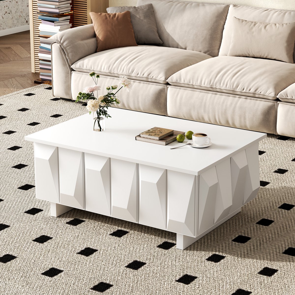 MIVRAY Salontafel - 3D Structuurfronten Met 3 Deuren - Ruime Opbergruimte Voor Woonkamer - Spaanplaat - 95x67x39,5 Cm - Wit