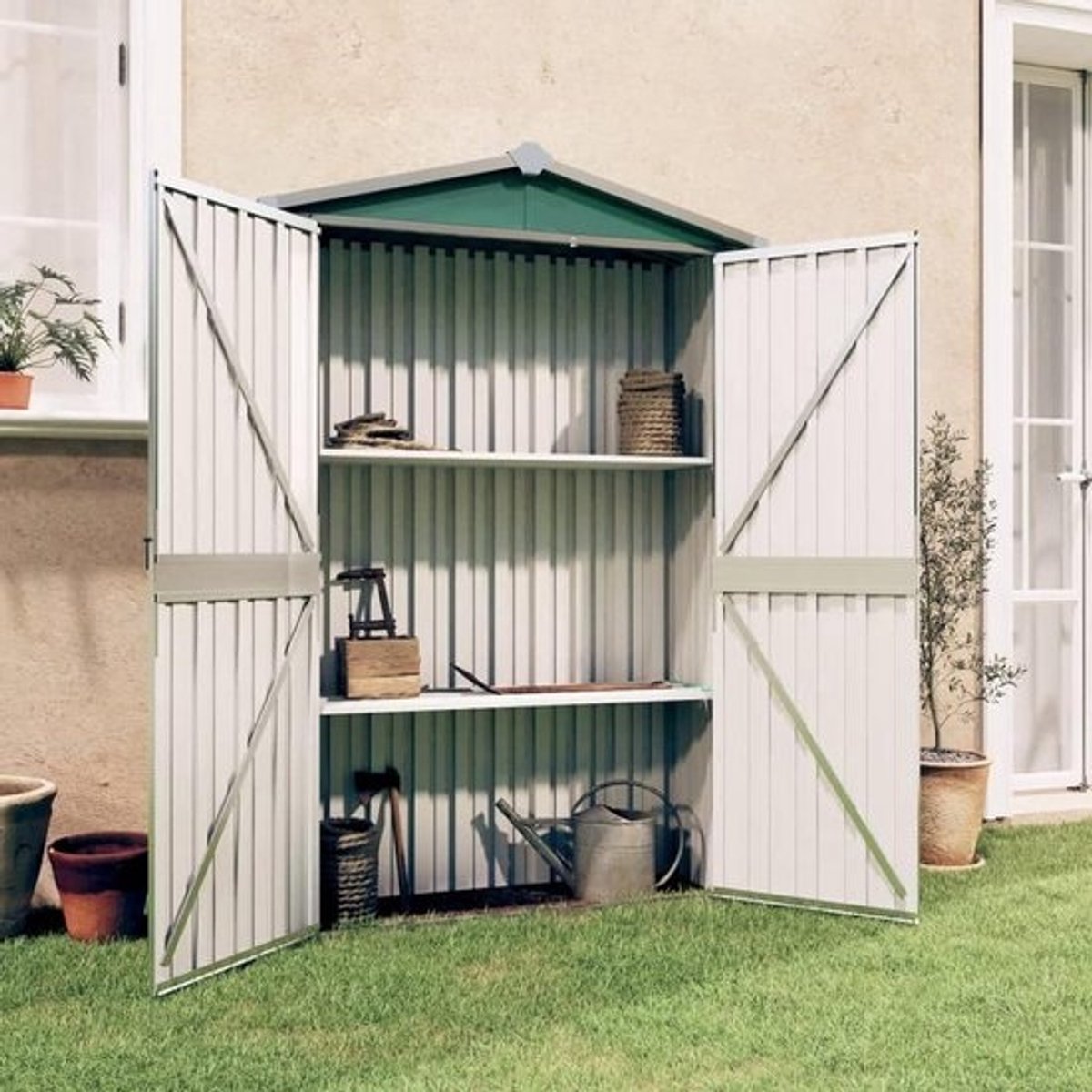 Opbergkast voor tuinhuis - Buitenopslag - Schuur - Voor het opbergen van tuinspullen - Geïntegreerd ventilatiesysteem - 116x45x175cm - Groen