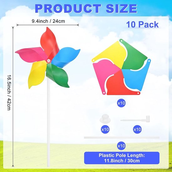 Set van 10 Vijfbladige Regenboog Windmolens van 9,4 Inch - Kleurrijke Tuindecoraties voor Buiten, Feestjes en Speelgoed Windspinner — afbeelding 2