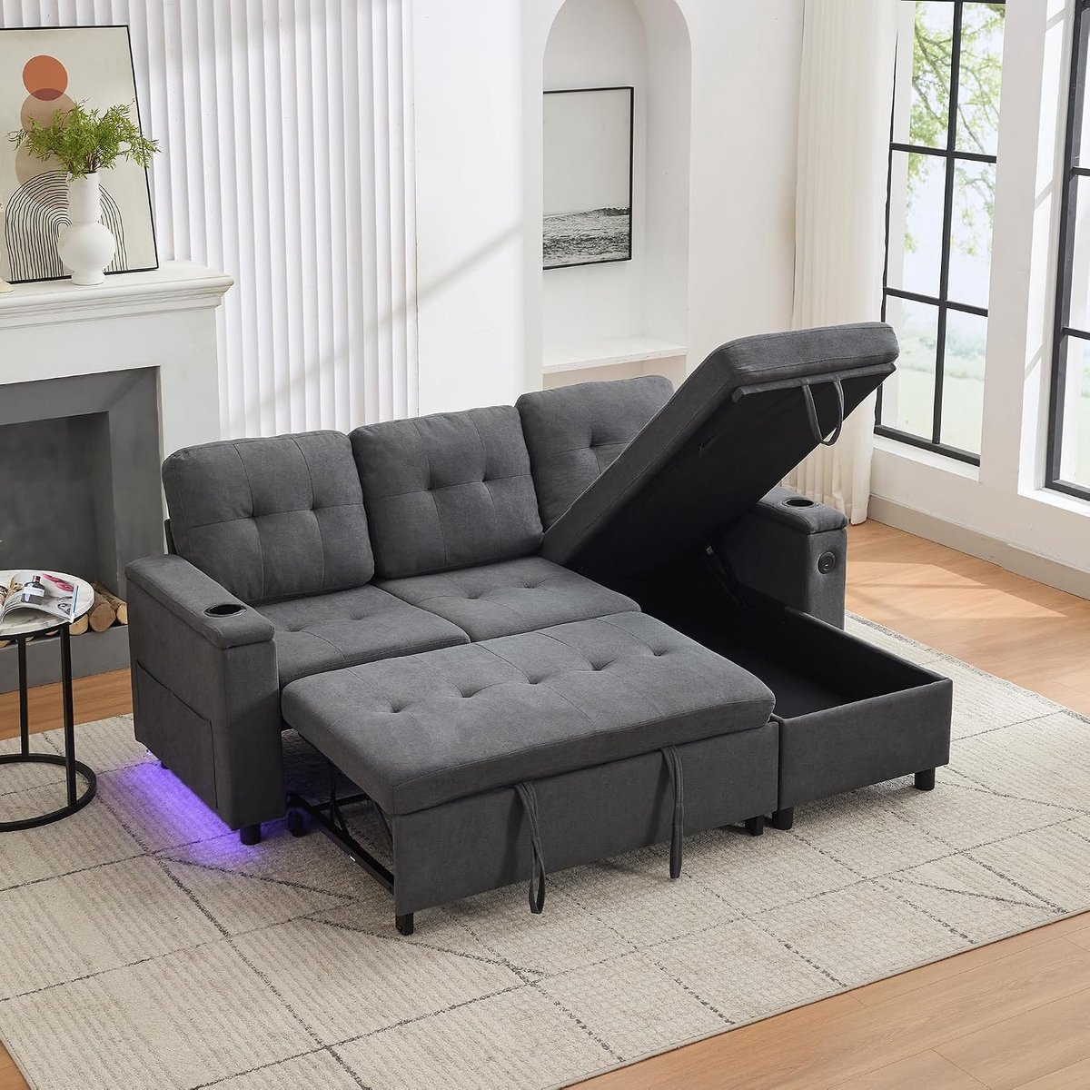 208 x 146 cm - 3-zits slaapbank met slaapfunctie, bank met USB & Type-C, bekerhouders en zijvakken, L-vormige hoekbank Treviso, grijs (Grey-B, 3-zits)