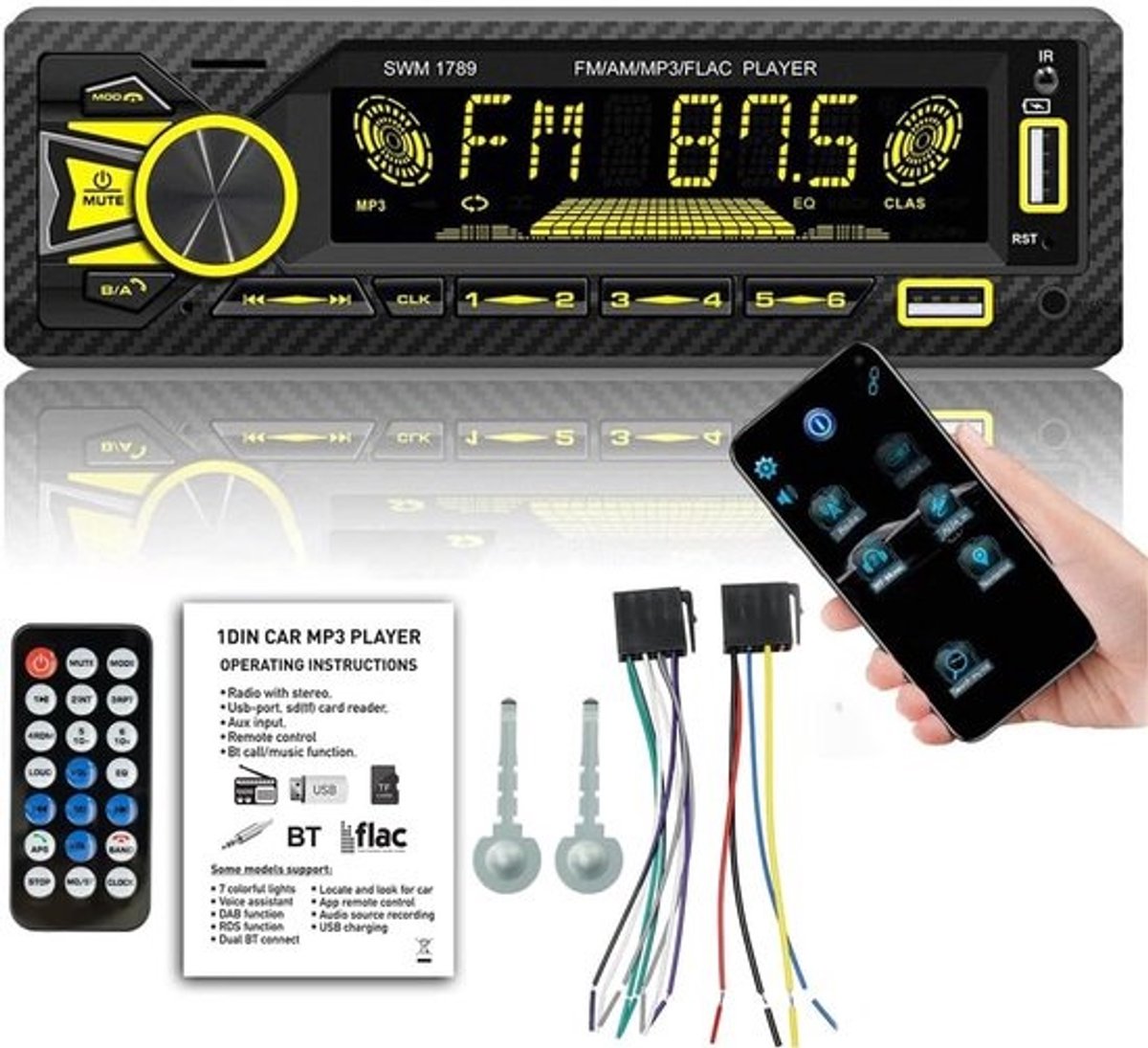 Draadloze autoradio - met Bluetooth 5.0 en handsfree bellen - 7 kleuren led - met appbediening