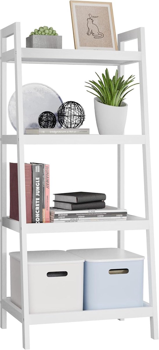 SnelShoppen - Ladderplank 4 Tier Bamboe Boekenplank - Vrijstaande Open Plankenkast met Handgrepen - Badkamer Opberg Organisator Plant Display Stand -