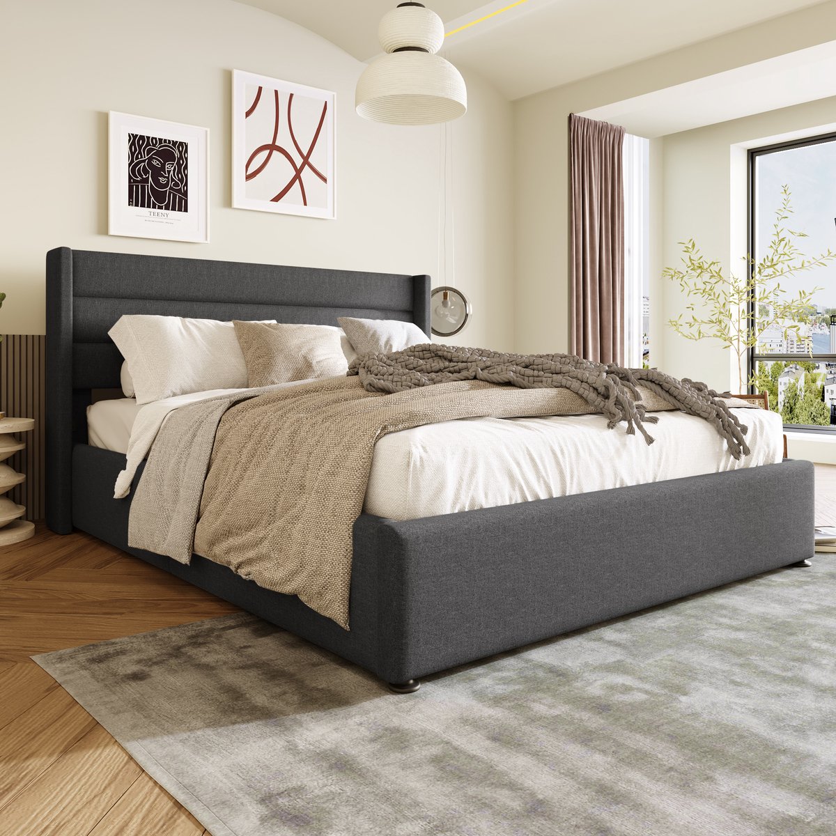 AURA LUMEN Gestoffeerd bed-Tweepersoonsbed-160x200 cm-Hydraulisch bed-Bed met opbergruimte-Grijs