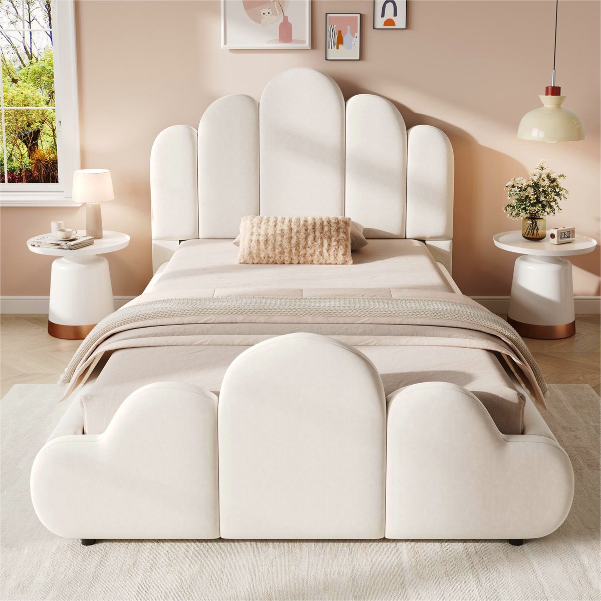 AURA LUMEN Gestoffeerd bed-Eenpersoonsbed-90 x 200 cm-Gepolst hoofdbord-Afgeronde hoeken-Velvet-Beige-Zonder matras