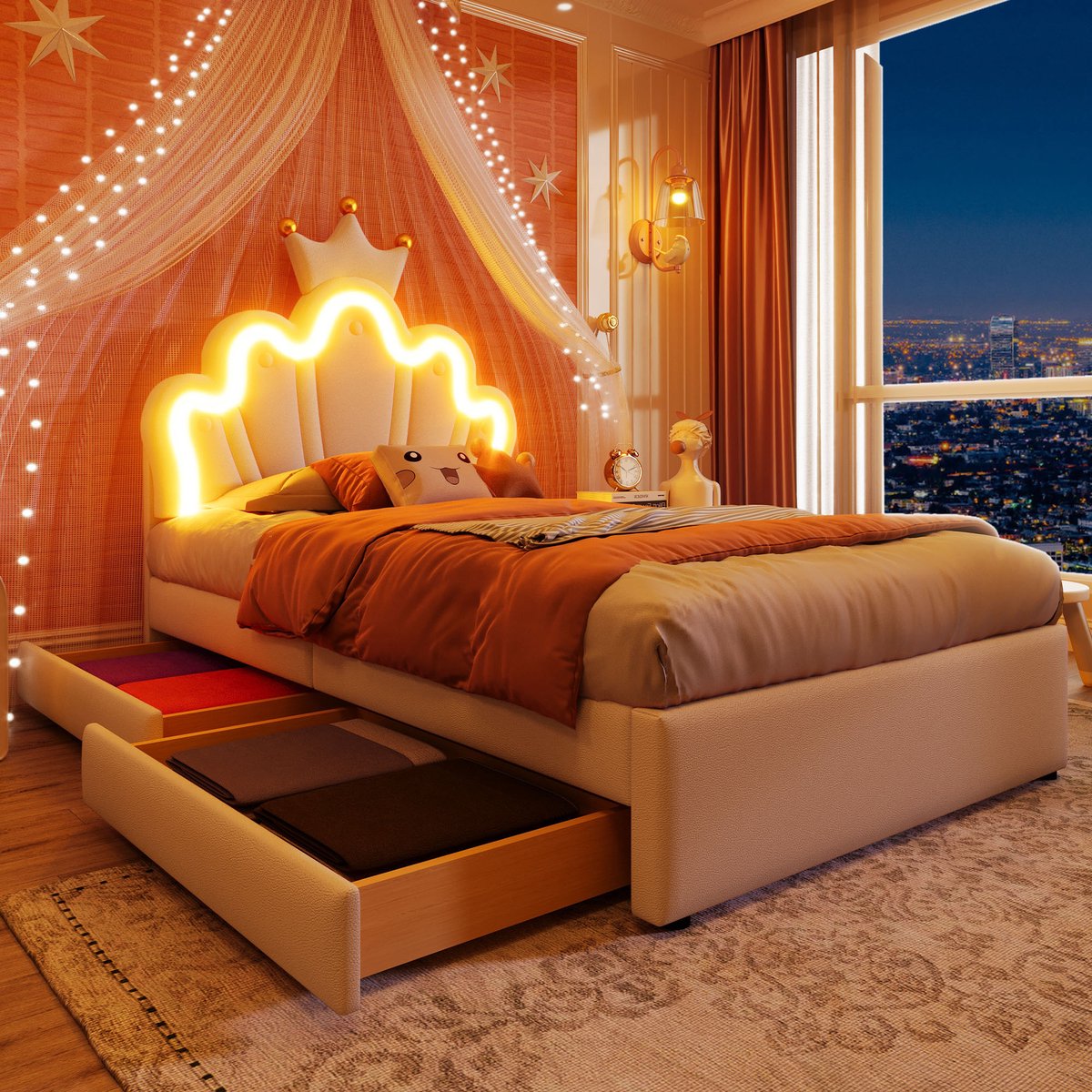 AURA LUMEN Gestoffeerd bed-Eenpersoonsbed-90 x 200 cm-Bed met lades-Bed met LED en USB-Wit