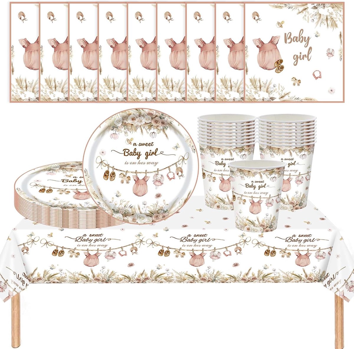 Baby Girl Shower Dinnerware Set Pink 53 Pieces for 16 Guests - ShopVlot
