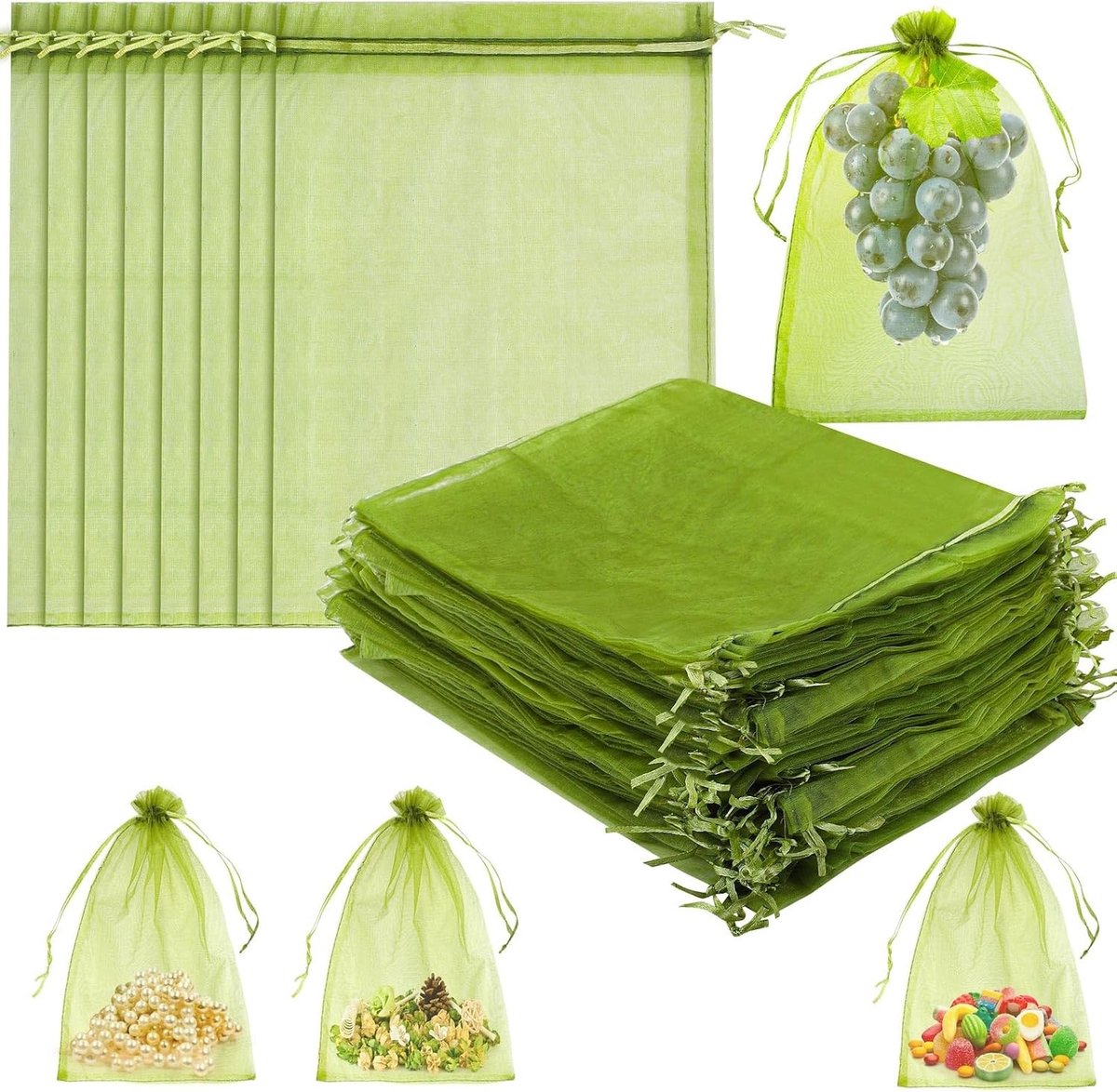 30 Stuks Groene Organza Zakjes 30 x 20 cm, Ideaal voor Fruit, Snoep en Sieraden met Trekkoord voor Feesten en Bruiloften