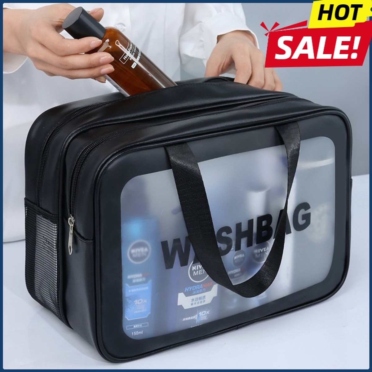 Dubbele Transparante PU Make-up Tas - Draagbare Waszak met Droog-Nat Scheiding, Zwart, Waterdicht Voorvak en Mesh Zijvak