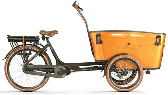 Zwarte Vogue Carry 3 elektrische bakfiets met oranje bak, bruine zadel en banden.