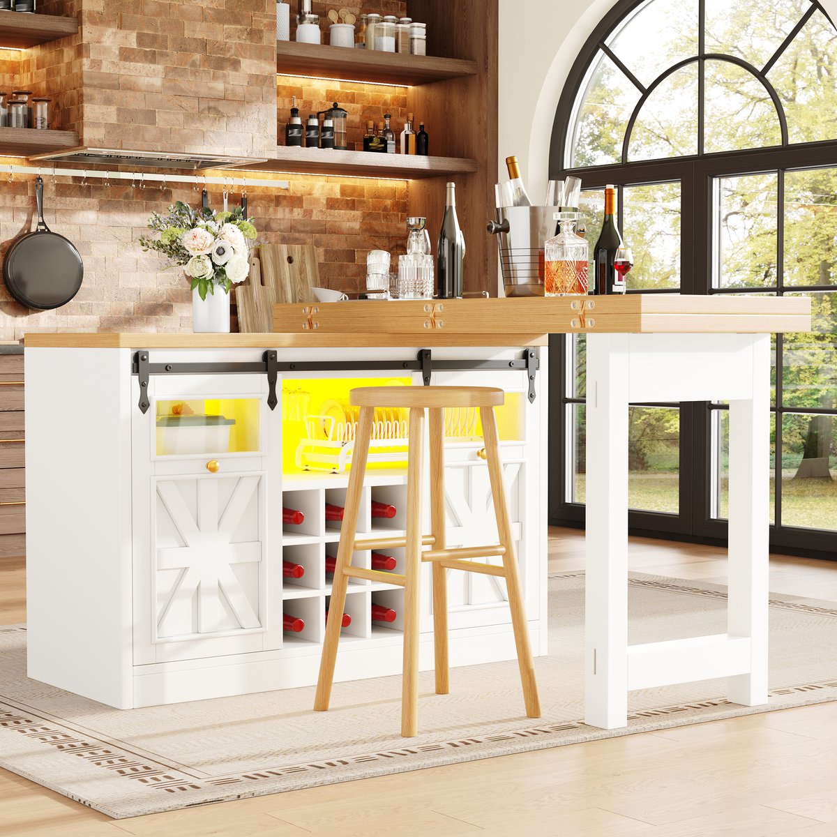 DESMIU Eettafel – Uitschuifbaar en 360 Graden Draaibaar – 120-197 x 40 x 72 cm – MDF en Glas – Wit – Kookeiland met Opbergruimte