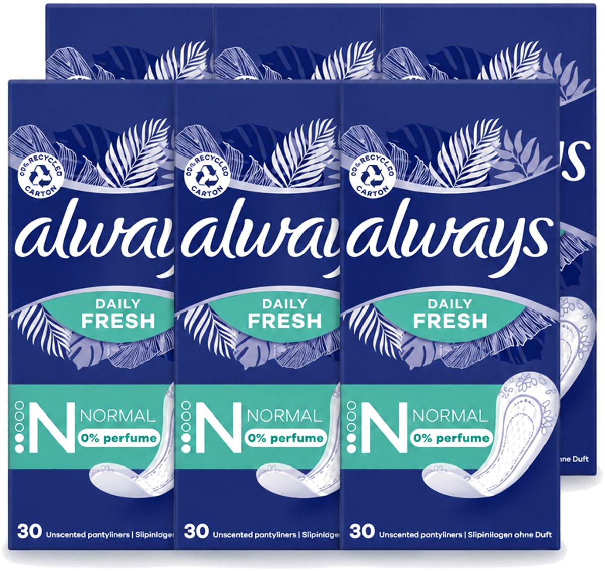 6 x Always Daily Fresh - Inlegkruisjes - Normaal - Ongeparfumeerd - 30 Inlegkruisjes - Voordeelverpakking - 6 stuks