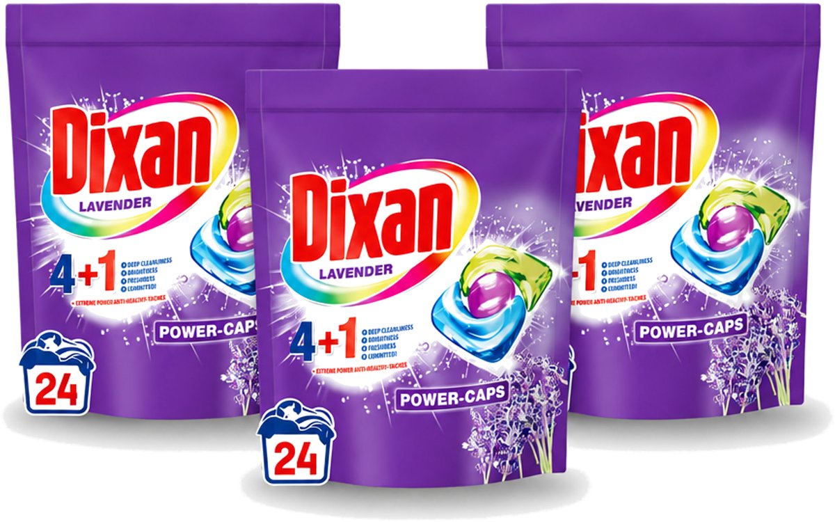 3 x Dixan Power Caps - Wasmiddelcapsules en Vlekverwijderaar - Extreme Power - Gekleurde Was - Lavendel - 24 Wasbeurten - Voordeelverpakking - 3 stuks