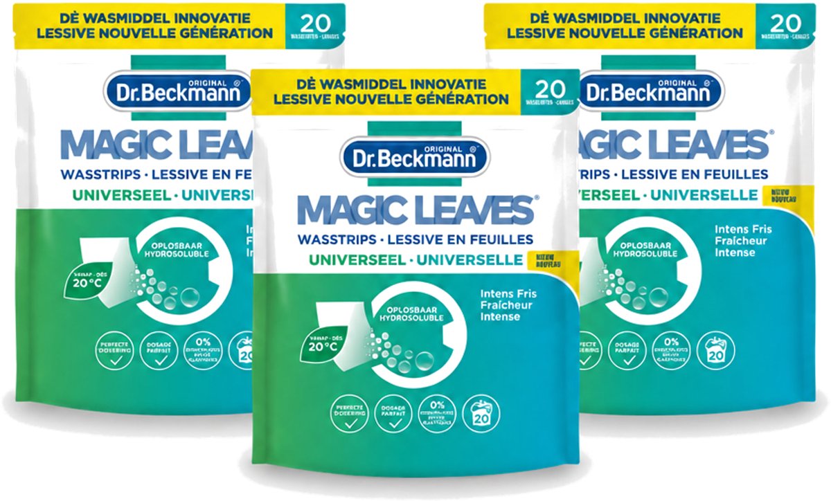 3 x Dr. Beckmann - Magic Leaves Universeel - Wasstrips - Witte en Gekleurde Was - 20 Wasbeurten - Voordeelverpakking - 3 stuks