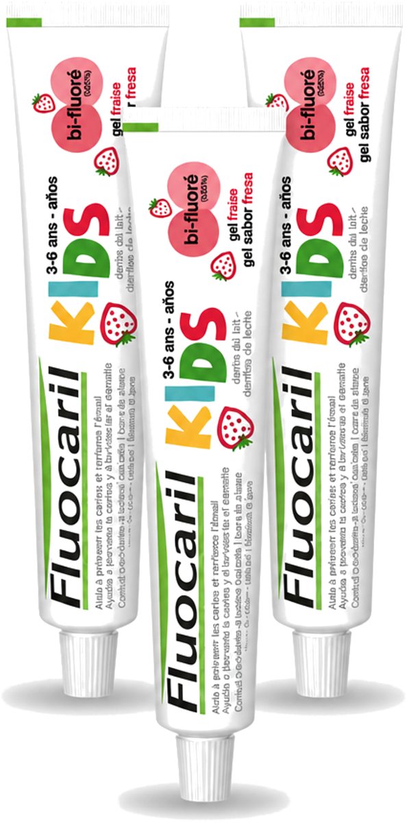 3 x Fluocaril Kids - Bi-Fluoride - Tandpasta - Met Aardbeiensmaak - 3 tot 6 jaar - 50 ml - Voordeelverpakking - 3 stuks