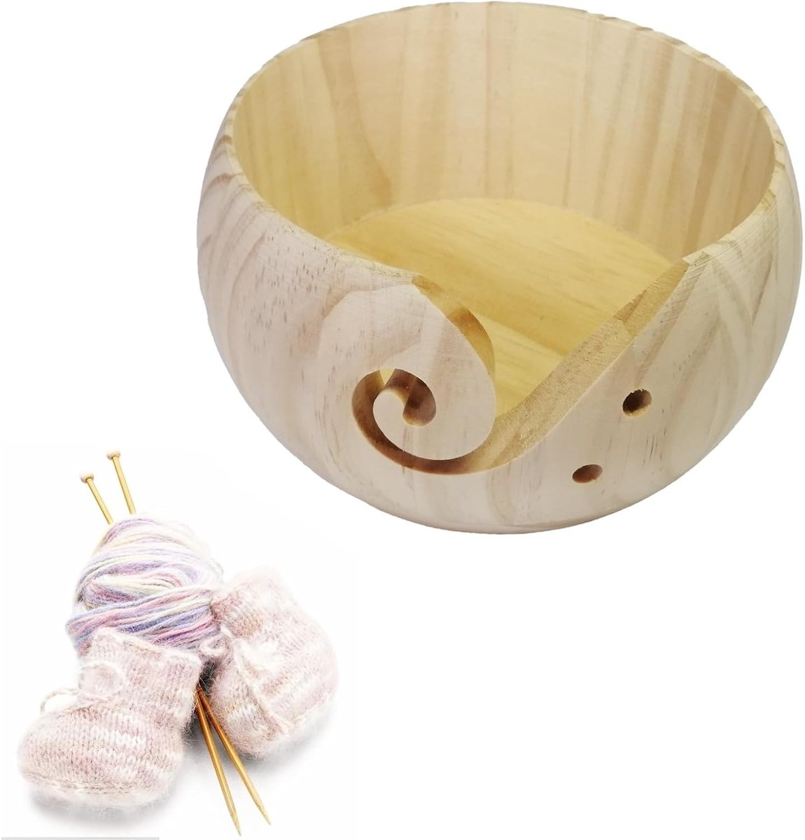 Houten Breigaren Kom met Draadopening en Gaten voor Breien, Haken en Creatief Handwerk
