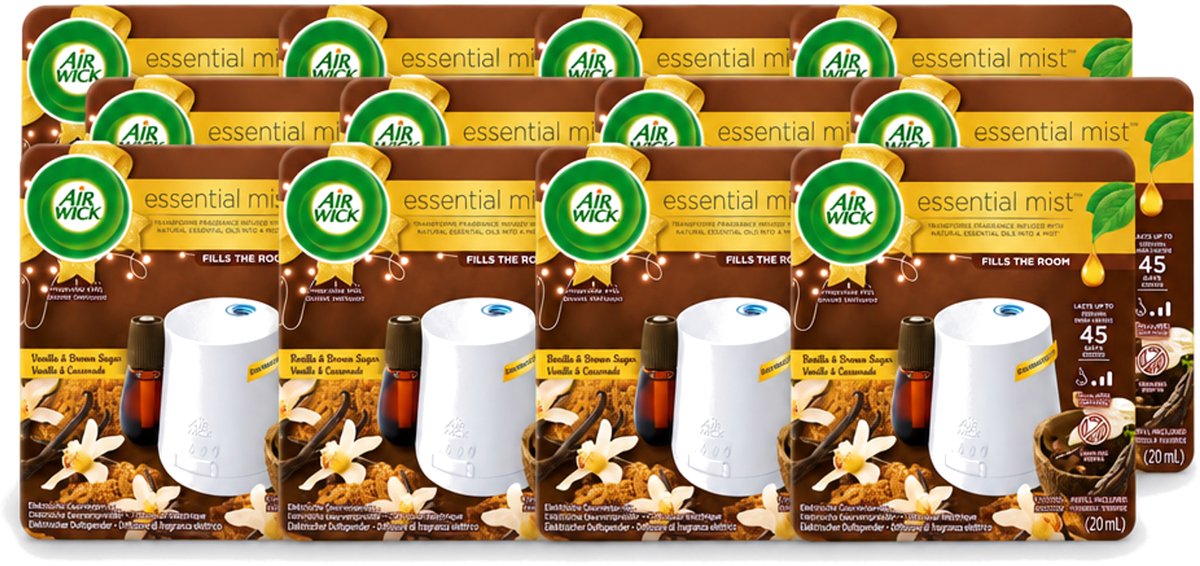 12 x Air Wick Essential Mist - Elektrische Geurverspreider - Starterkit - Vanille & Bruine Suiker - 20ml - Voordeelverpakking - 12 stuks
