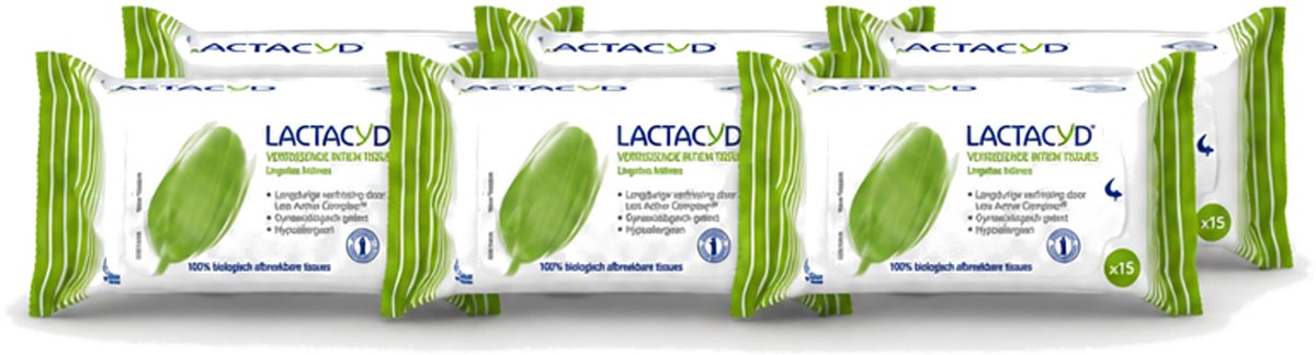 6 x Lactacyd - Intieme Doekjes - Verfrissend - Zeepvrij - Biologisch Afbreekbaar - 15 Doekjes - Voordeelverpakking - 6 stuks