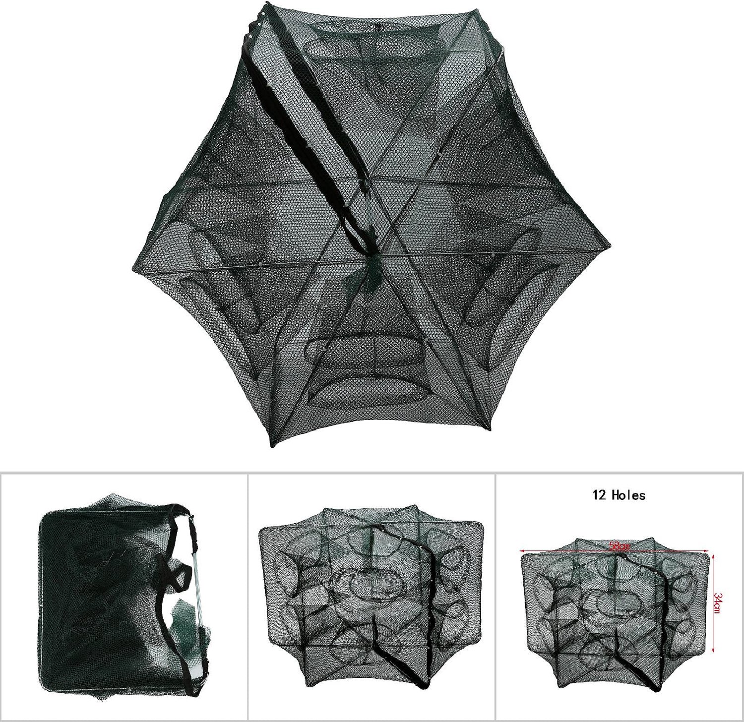 Visnet, draagbaar, inklapbaar vissersnet, kooival, casting net voor vissen, garnalen, Minnow Crayfish Crabs, 12 gaten - ShopVlot