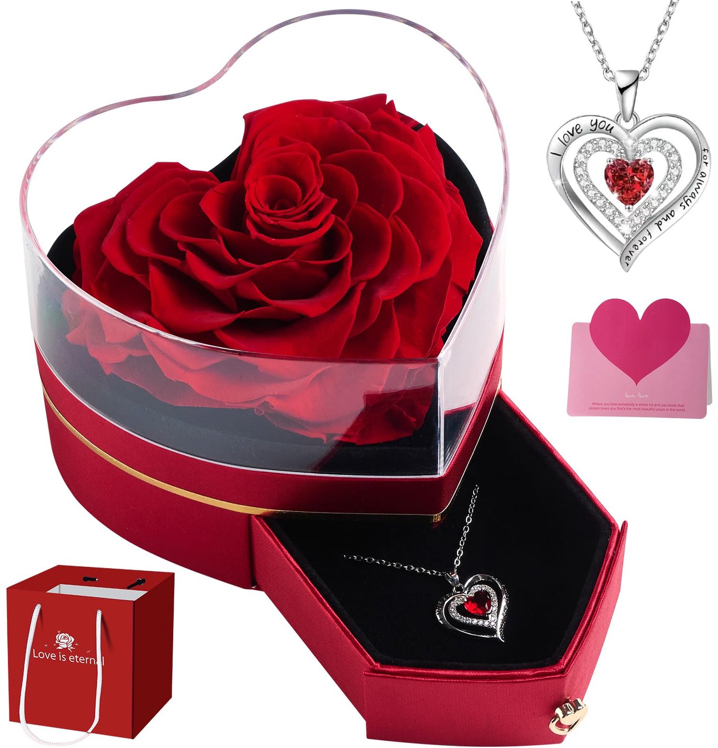 Luxe cadeau voor Moederdag, eeuwige roos met hartketting en sieradendoosje, voor mama, vrouw of vrouw, geschenkdoos voor Valentijnsdag, verjaardag, Mo