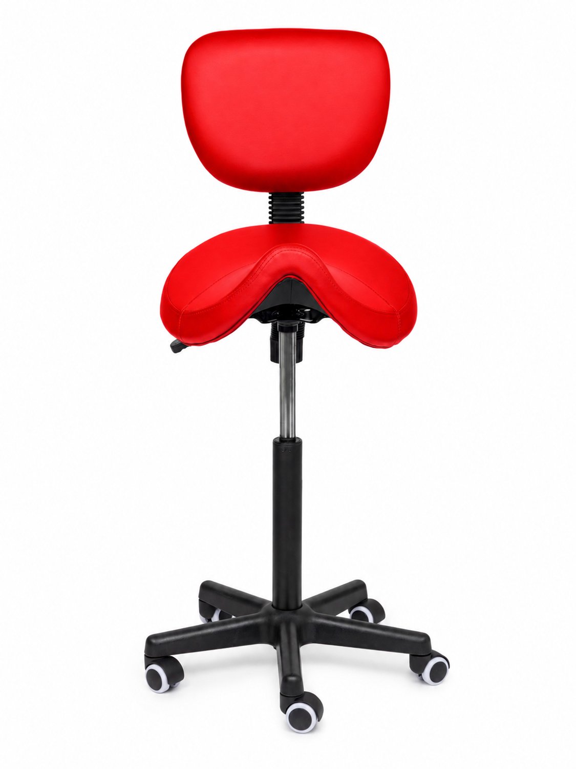 Ergonomische Zadelkruk met Rugleuning Comfort Rood op Wielen Hoog (70-85cm) / Zonder voetsteun / Standaard wielen