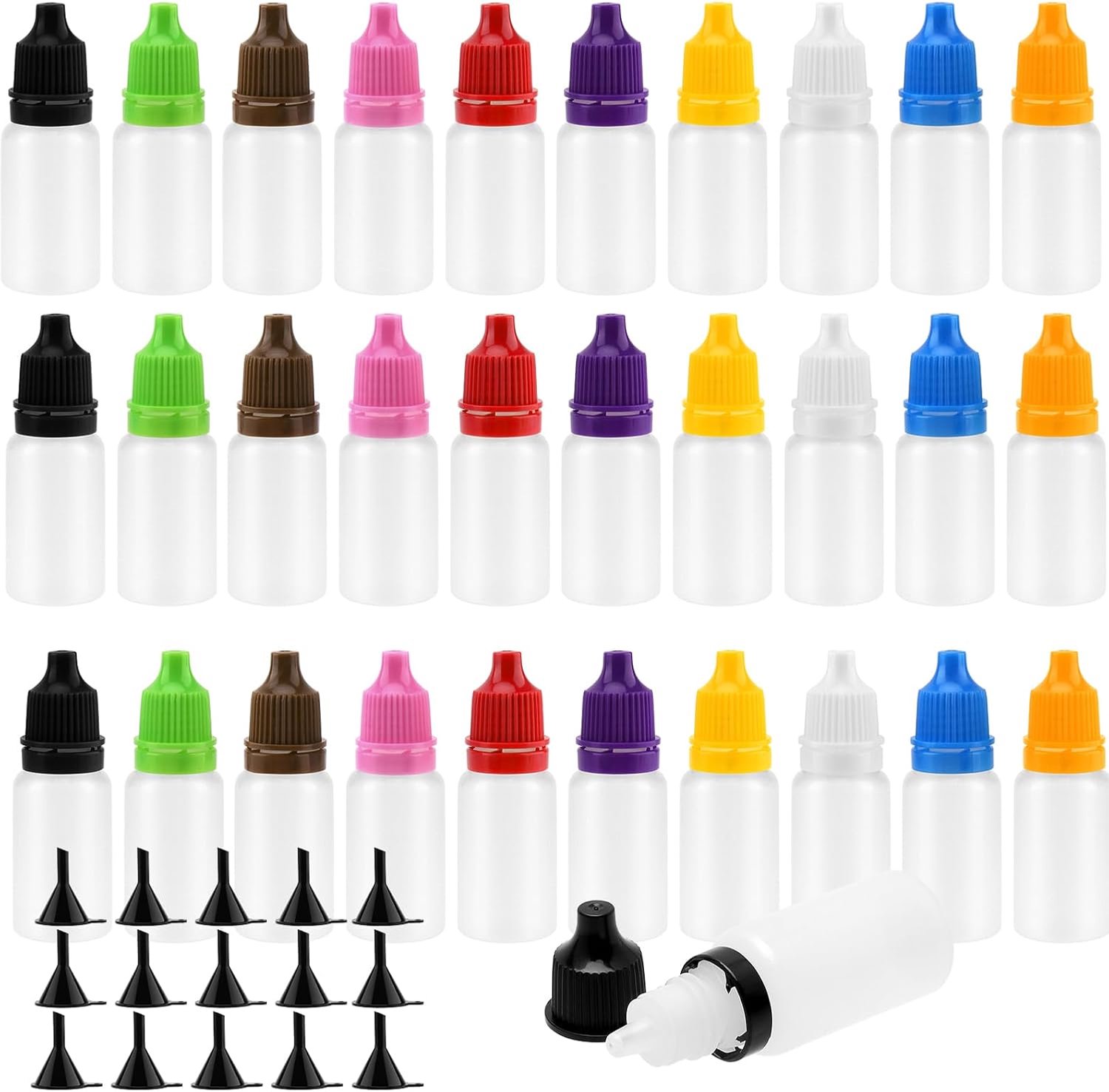 220pcs 10ml empty dropper bottles, 10 colors lid transparent squeezable bottles with funnels, plastic mini rotary cap - ShopVlot