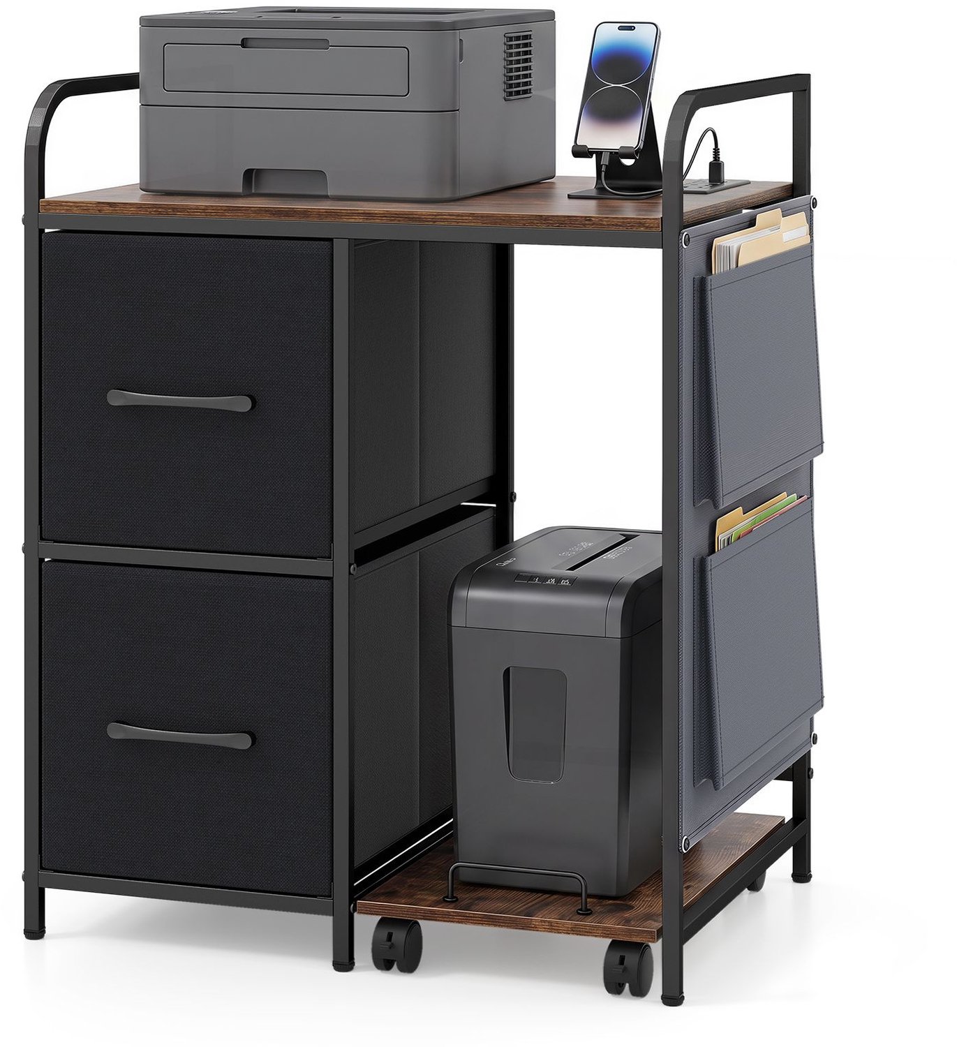 SureDeal® - Opbergrek - Printertafel Printerstandaard - Oplaadstation Bruin Printerrek - Lades Zijvakken Mobiele - 62x45x78 cm - Koffiebruin