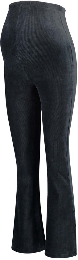 Zwarte corduroy zwangerschapsbroek met uitlopende pijpen en een hoge tailleband.