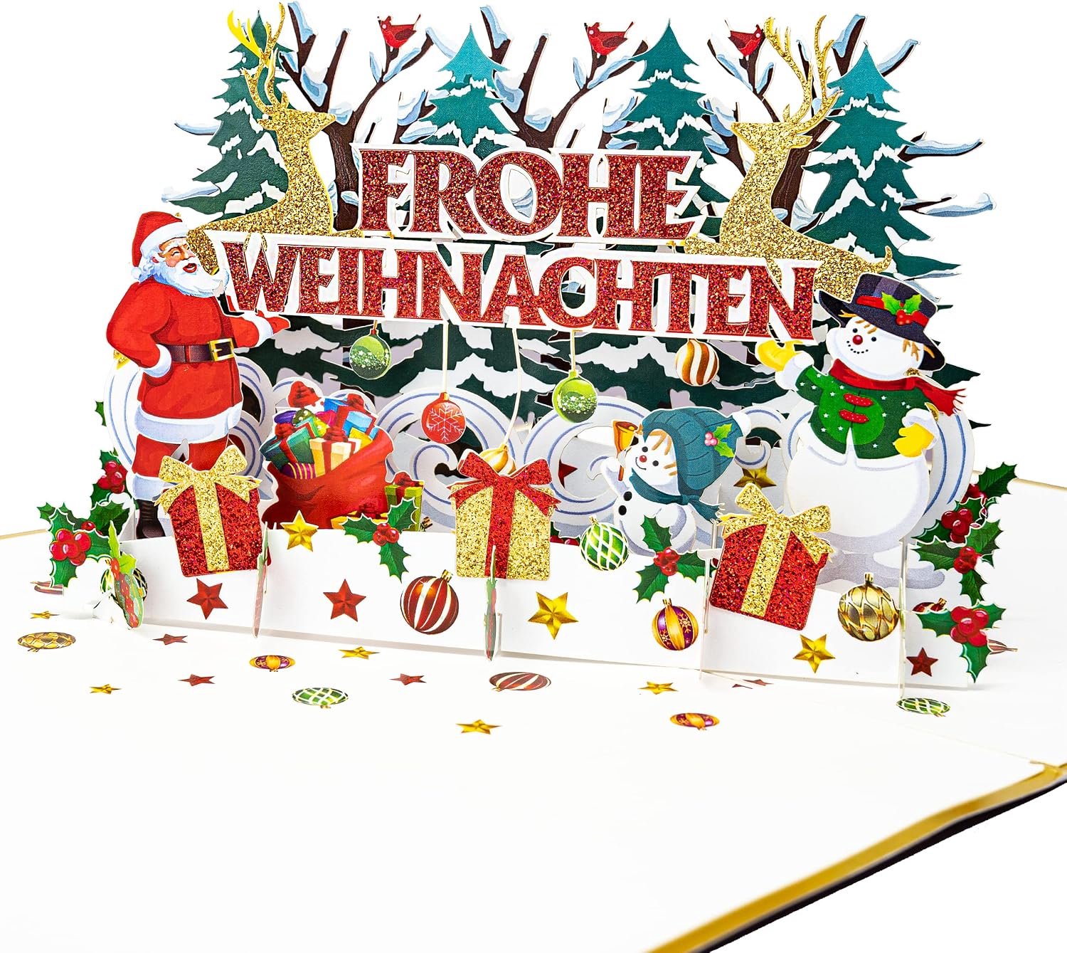 Pop-Up 3D Kerstkaart - Premium Goud/Wit - Glitter Santa Claus, Rendier en Cadeaus - Verrassende Kerstgroet - ShopVlot