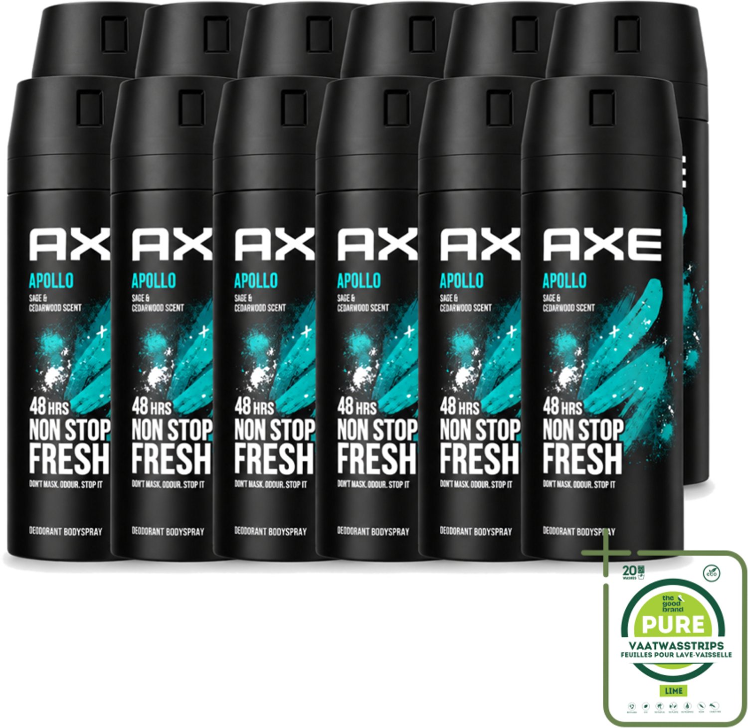 12 x Axe - Deodorant Bodyspray - 48hrs Fresh - Apollo - Sage & Cedarwoord - 150 ml - Grootverpakking - Vaatwasstrips - 48 Uur Bescherming - Deodorant Sprayer - Geur Van Groen Fruit - Sandelhout - Verse Salie