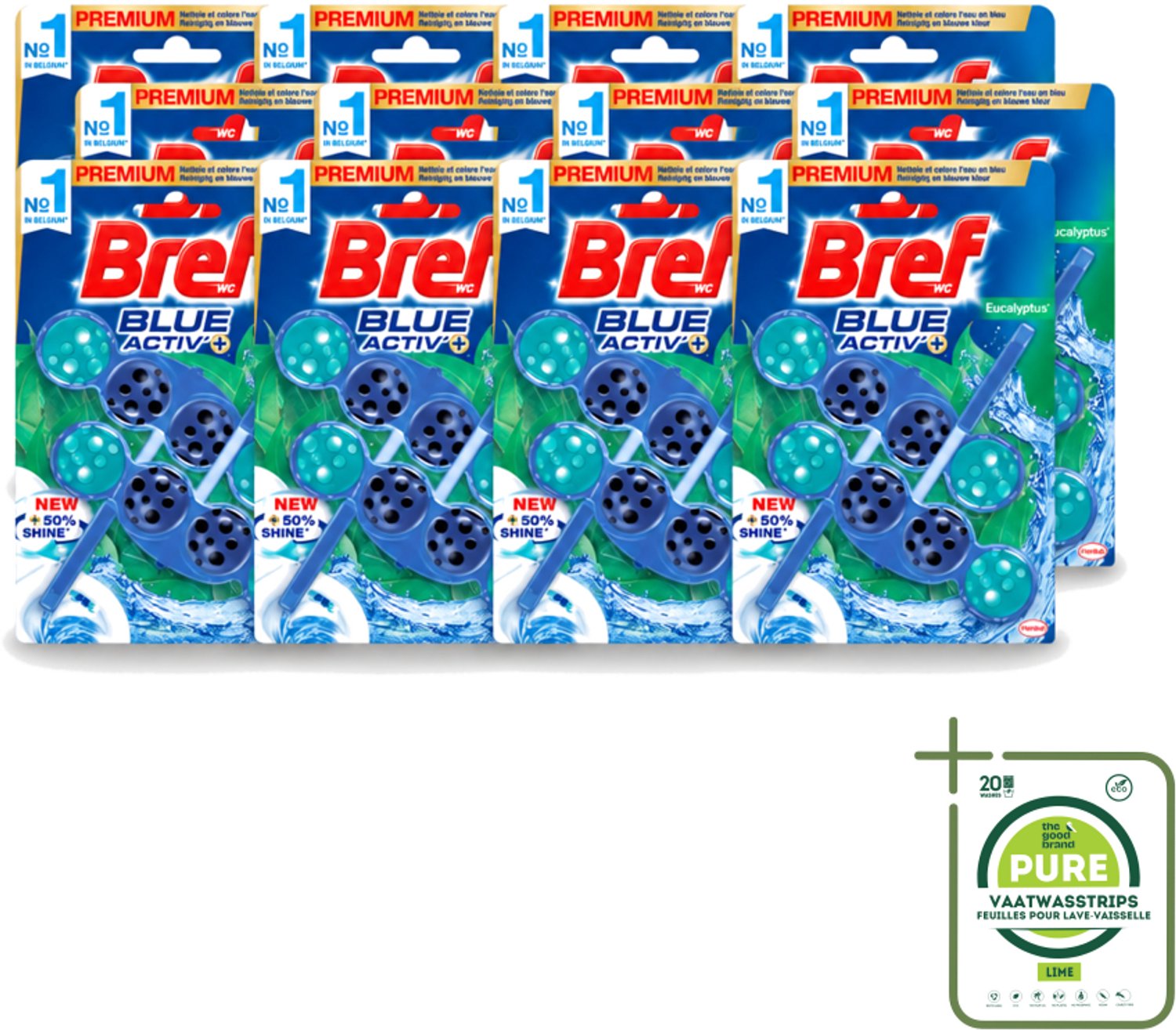 12 x Bref WC - Blue Activ' - Toiletblok - Eucalyptus - 2 Blokken - Grootverpakking - Vaatwasstrips - Toiletverzorging - Toilet Reinigen - Eucalyptus Geur - Geur Stop - Anti-kalk