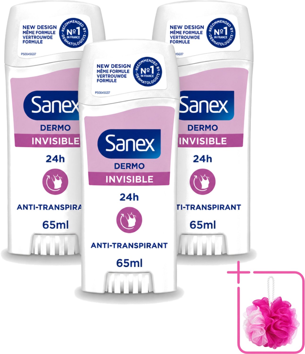3 x Sanex – Deodorant Stick – Dermo Invisible – 65 ml - Bulkverpakking - Onzezichtbare deodorantstick - Douchemop - Deodorantstick