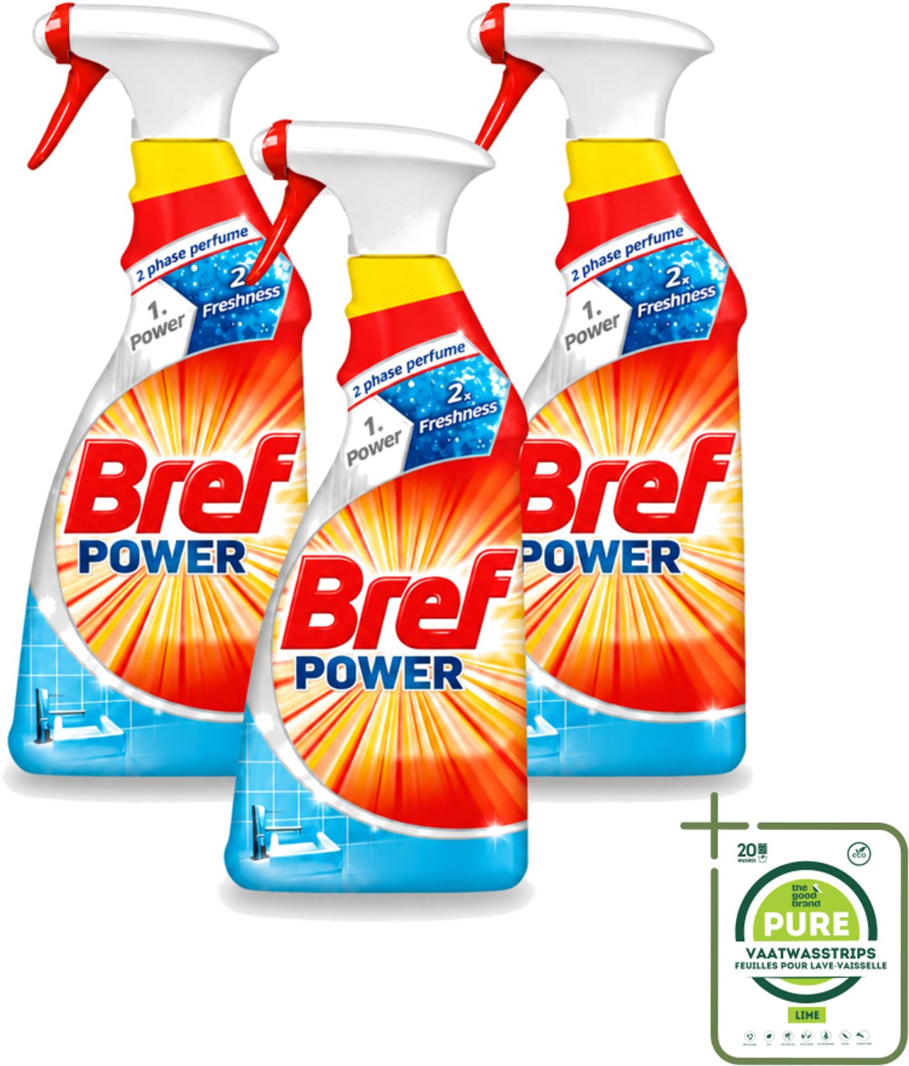 3 x Bref Power - Badkamerreiniger - Spray - Anti-Kalk & Vuil - Fris - 750 ml - Grootverpakking - Vaatwasstrips - Kalk Verwijderen - Vuil Verwijderen - Badkamer Schoonmaken - Douchecabine Schoonmaken - Gootsteen Schoonmaken