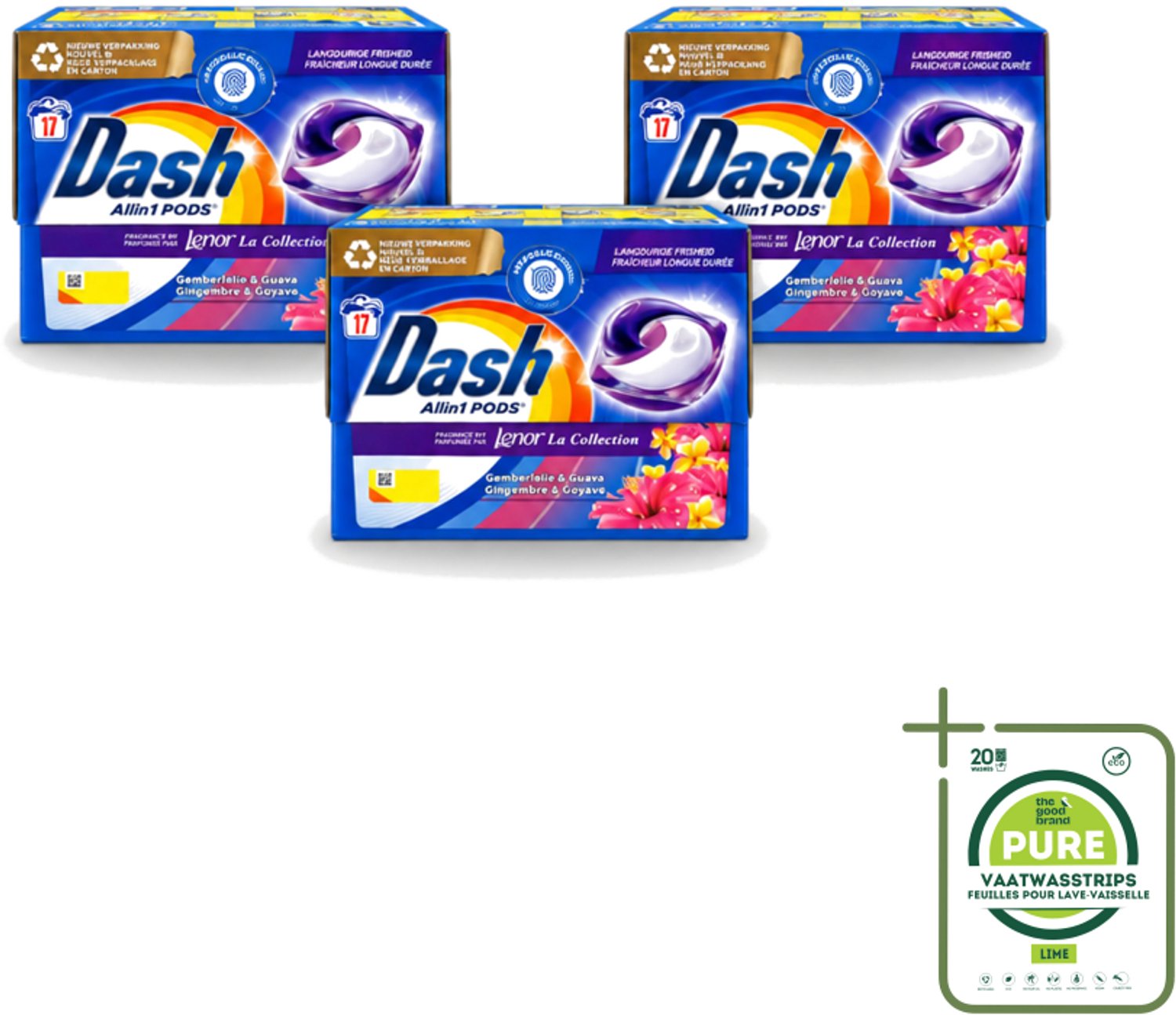 3 x Dash - Lenor Collectie - Wasmiddel Capsules - All-in-1 Pods - Witte en Gekleurde Was - Gemberlelie & Guava - 17 Wasbeurten - Grootverpakking - Wasmiddel Capsules - Wasmiddel Pod - Wasmiddel Wit - Wasmiddel Gekleurd - Wasmiddel Frisheid
