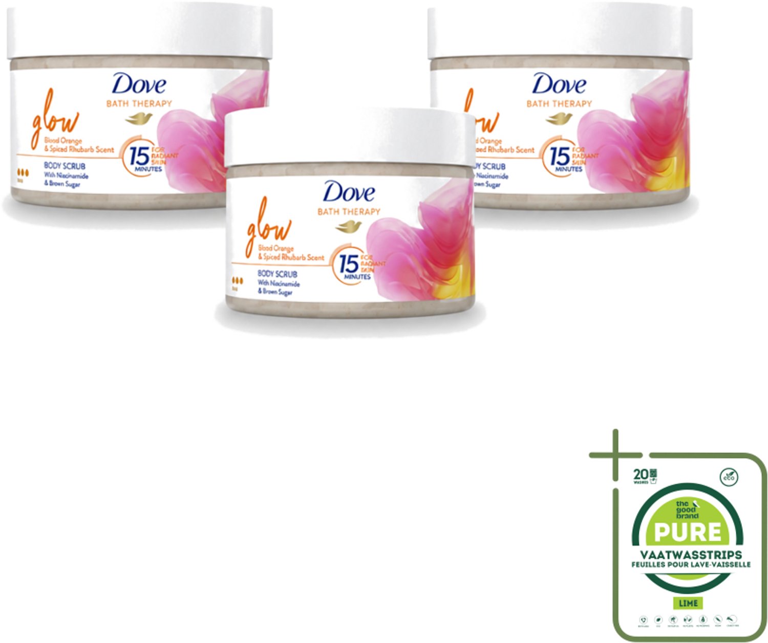 3 x Dove Bath Therapy Glow - Bodyscrub - Bloedsinaasappel & Rabarber - 295 ml - Grootverpakking - Vaatwasstrips - Huid Verzorging - Huid Stralen - Huid Glans - Huid Exfoliatie - Huid Hydratatie