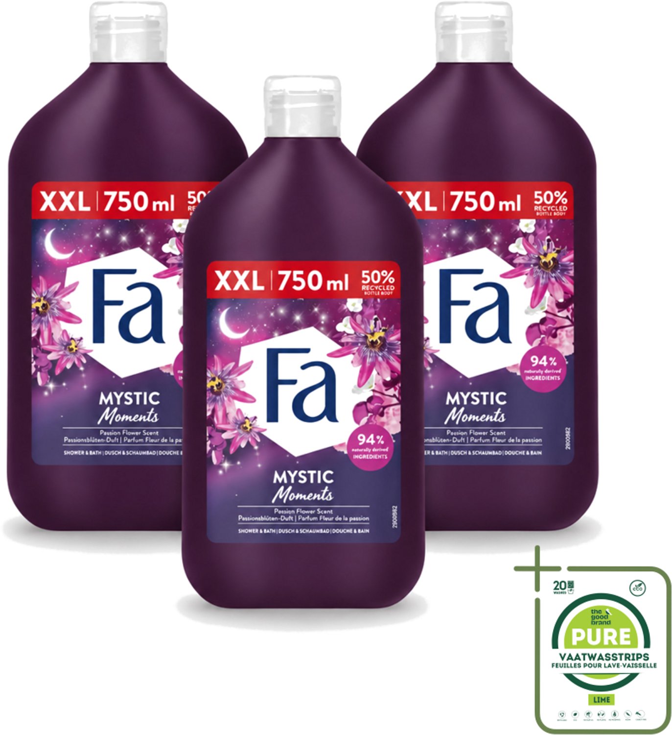 3 x Fa - Mystic Moments - Bad- & Douchegel - Passiebloem - 750 ml - Grootverpakking - Vaatwasstrips - Bad En Douchegel - Passiebloem - Sheaboter - Hydratatie - Verzorging