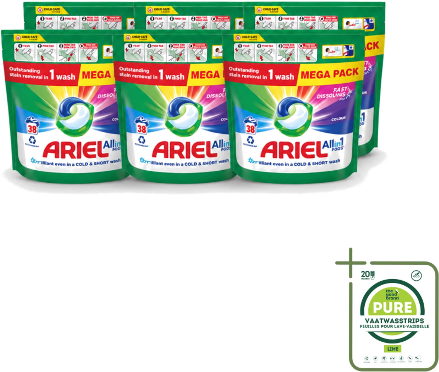 6 x Ariel – Pods All-in-1 – Color – 38 wasbeurten - Grootverpakking - Vaatwasstrips - Kleurbehoud Wasmiddel - Gekleurde Was - Ariel Pods Color - Wasmiddel Voor Gekleurde Kleding - Kleurvervaging Voorkomen
