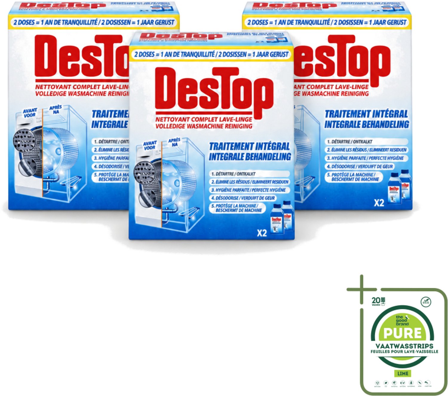3 x Destop - Wasmachine reiniger - Integrale Behandeling - Duopack - Grootverpakking - Vaatwasstrips - Wasmachine Reiniger - Kalk Verwijderen - Wasmachine Reinigen - Wasmachine Hygiëne - Wasmachine Onderhoud