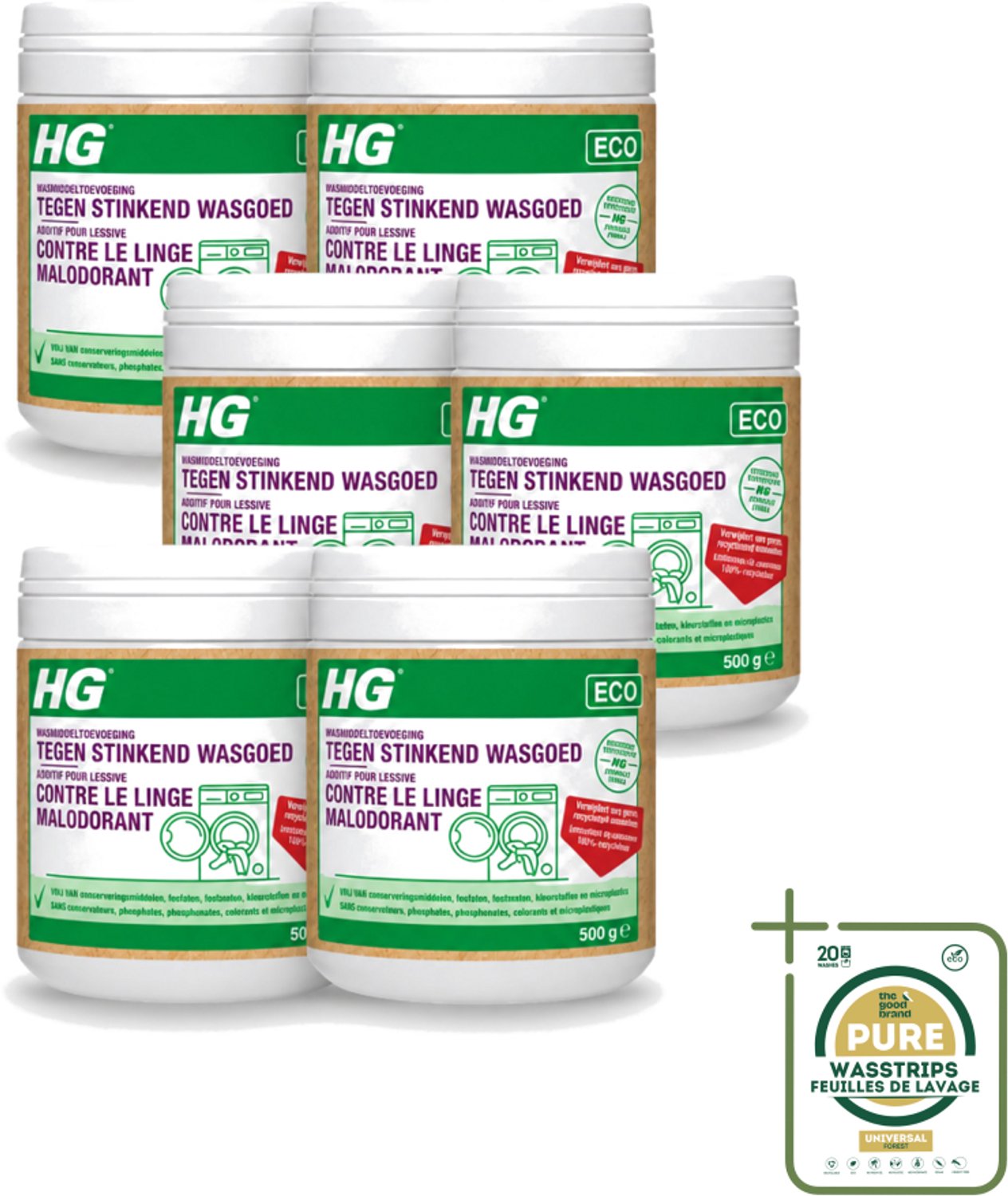6 x HG ECO - Wasmiddeltoevoeging Tegen Stinkend Wasgoed - Effectieve Formule - 16 Wasbeurten - 500 g - Wasstrips - Wasmiddel - Stankmoleculen - Wasgoed - Wasmiddeltoevoeging - Stinkend Wasgoed