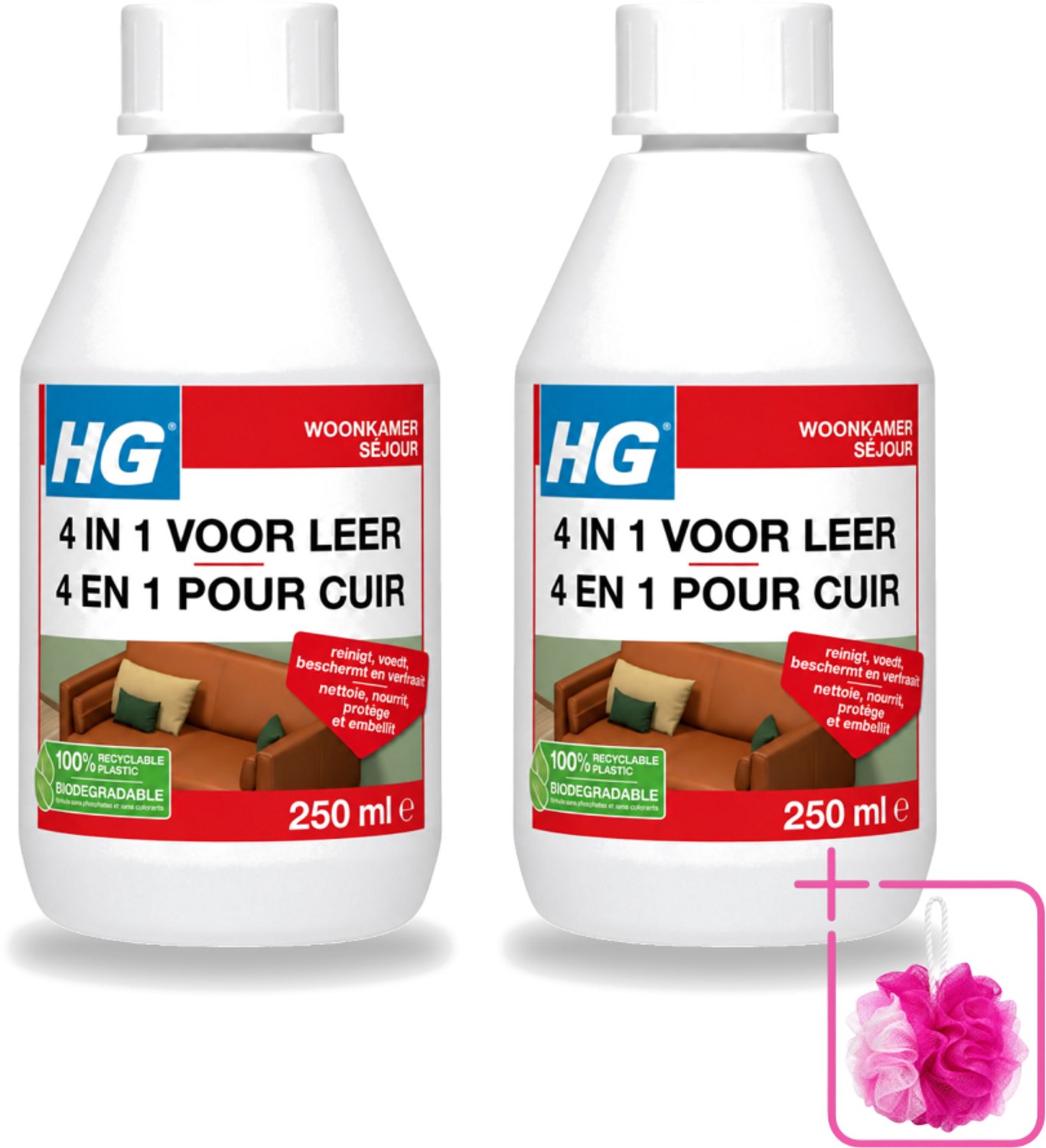 2 x HG - 4 In 1 Voor Leer - Beschermt, Voedt, Verfraait & Reinigt - 250 ml - Bulkverpakking - Leer reinigen - Douchemop - Leer voeden