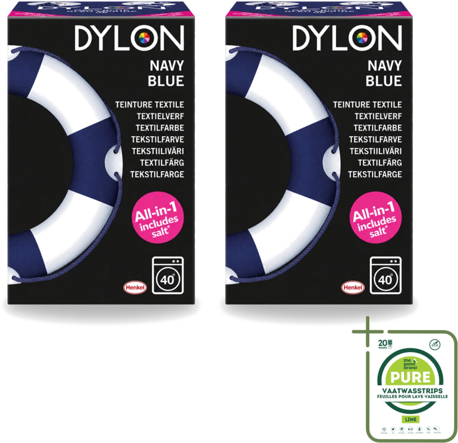 2 x Dylon - Textielverf - Navy Blue - All-in-One - Inclusief Zout - 350g - Grootverpakking - Vaatwasstrips - Textielverf - Kleding Verven - Kleurstof - Katoen Verven - Stof Verven