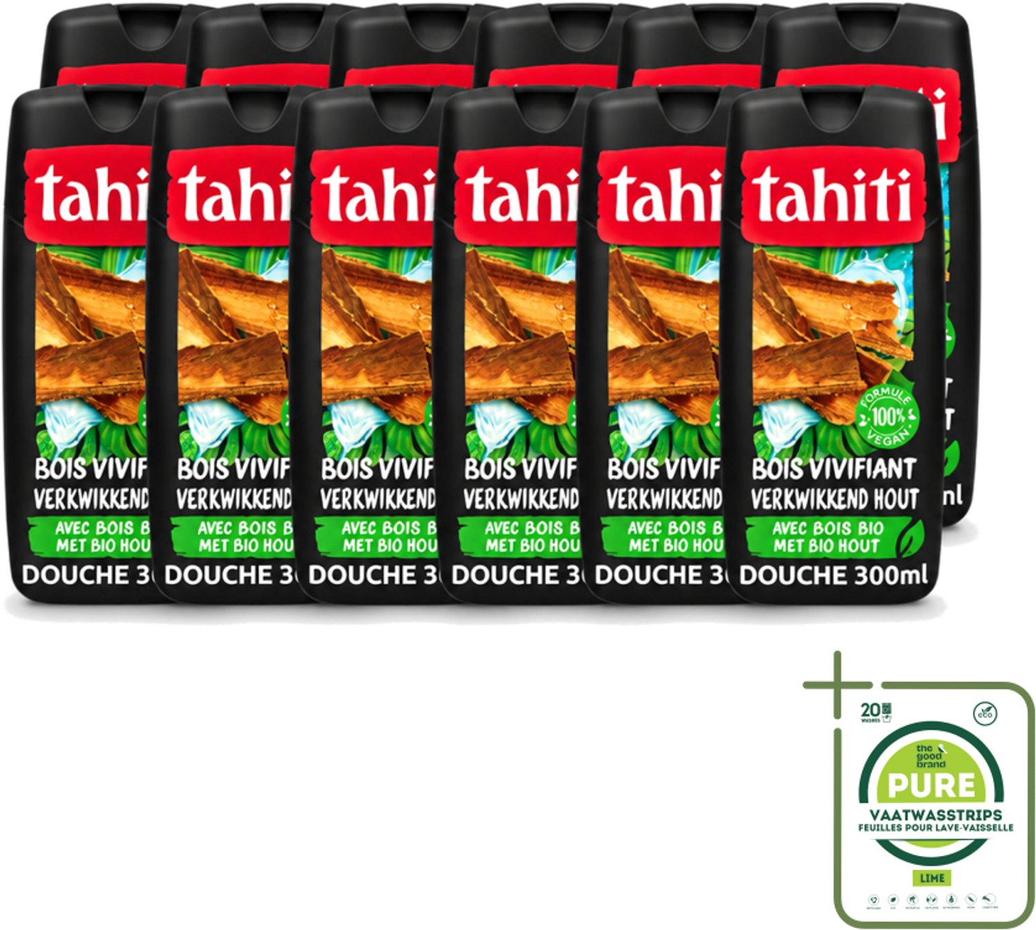 12 x Tahiti - Douchegel - Verkwikkend Bio Hout - 100% Vegan - 300 ml - Grootverpakking - Vaatwasstrips - Douchegel - Houtgeur - Verkwikkend - Huid Verzorgen - Huid Verzachten