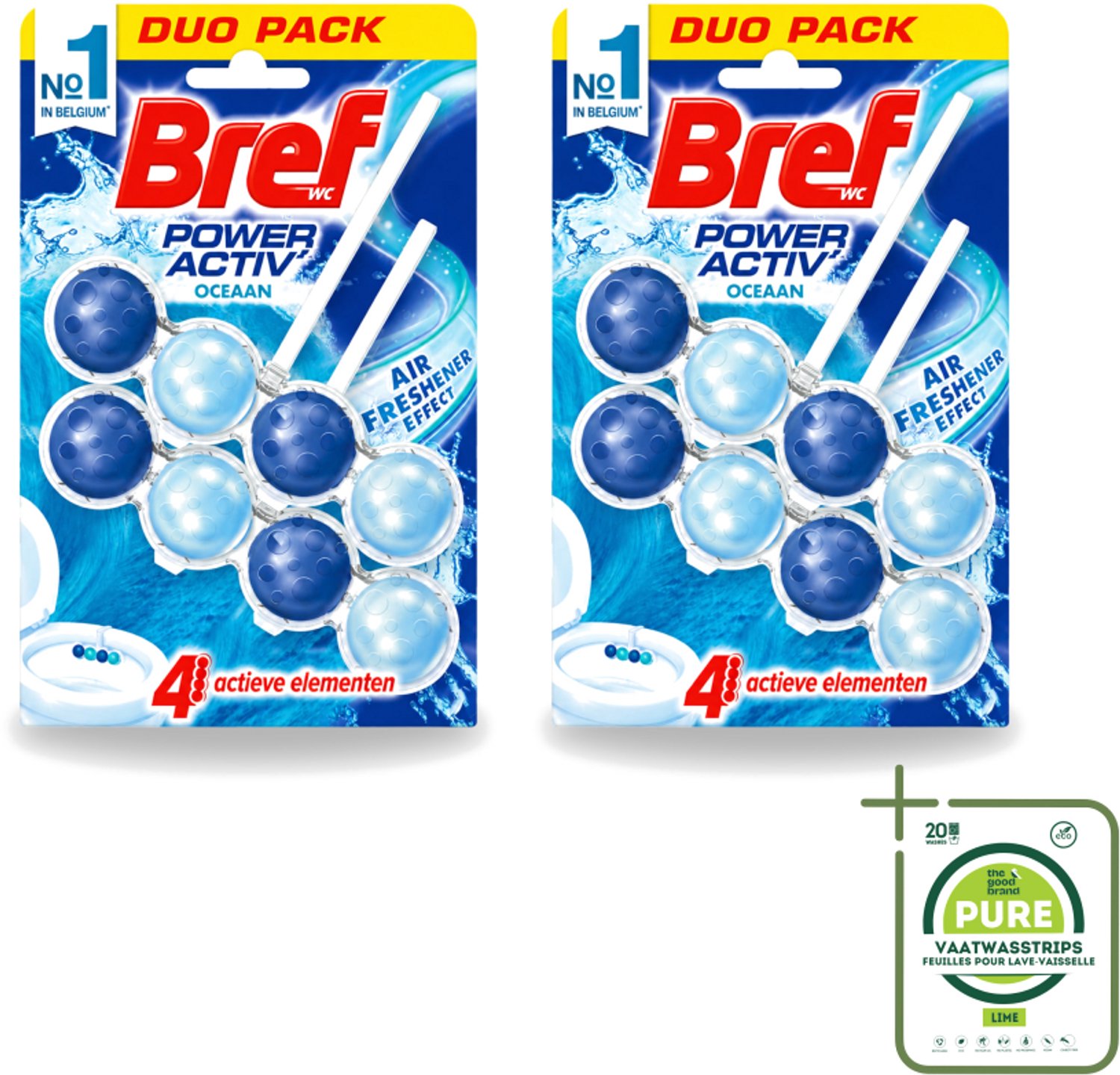 2 x Bref WC - Power Activ+ - Toiletblok - Oceaan - 2 Blokken - Grootverpakking - Vaatwasstrips - Toilet Reinigen - Toilet Schoon Houden - Toilet Reinigingsblok - Oceaan Geur - Anti-kalk Toilet
